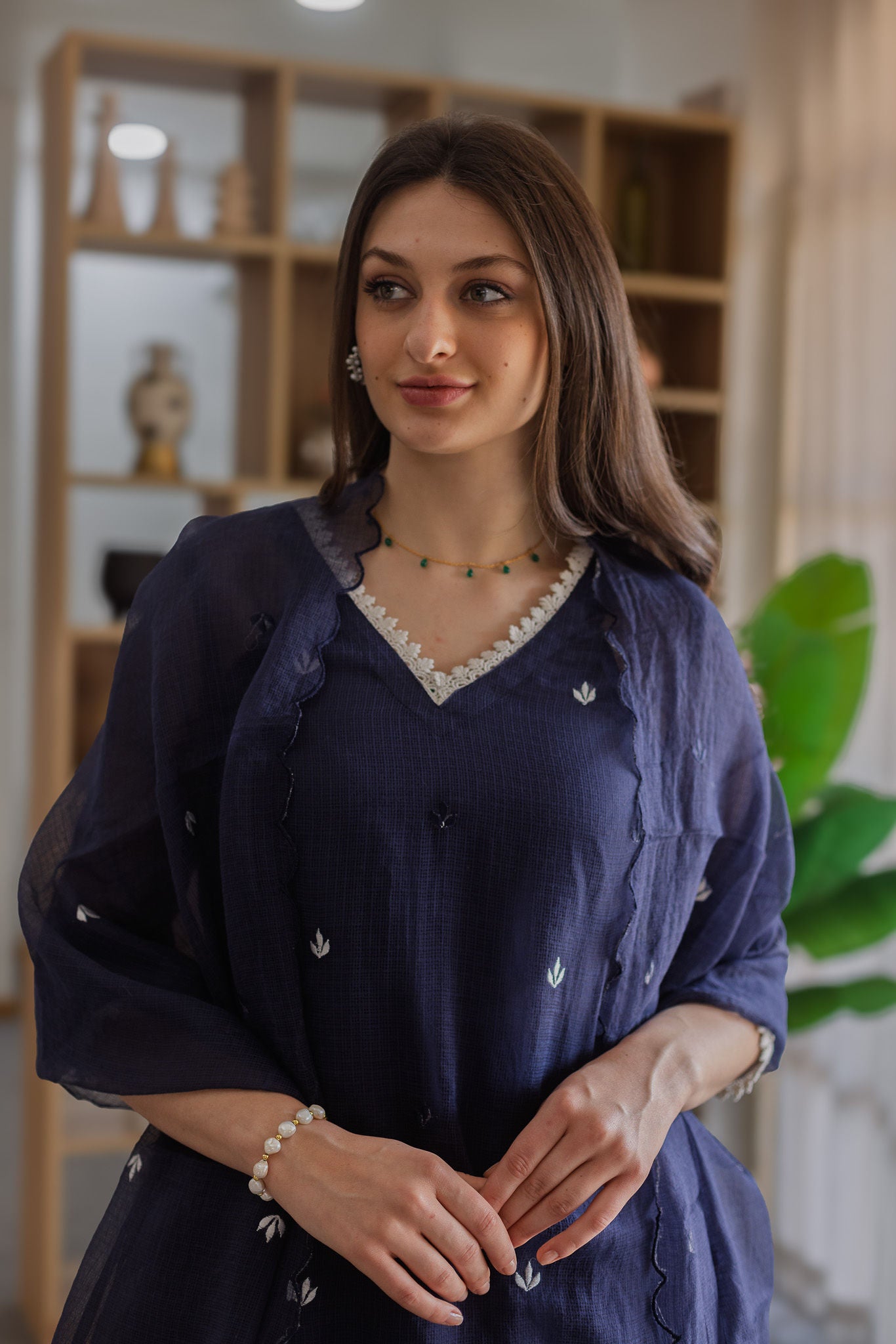 Navy Blue Doriya Embroidered Straight Set