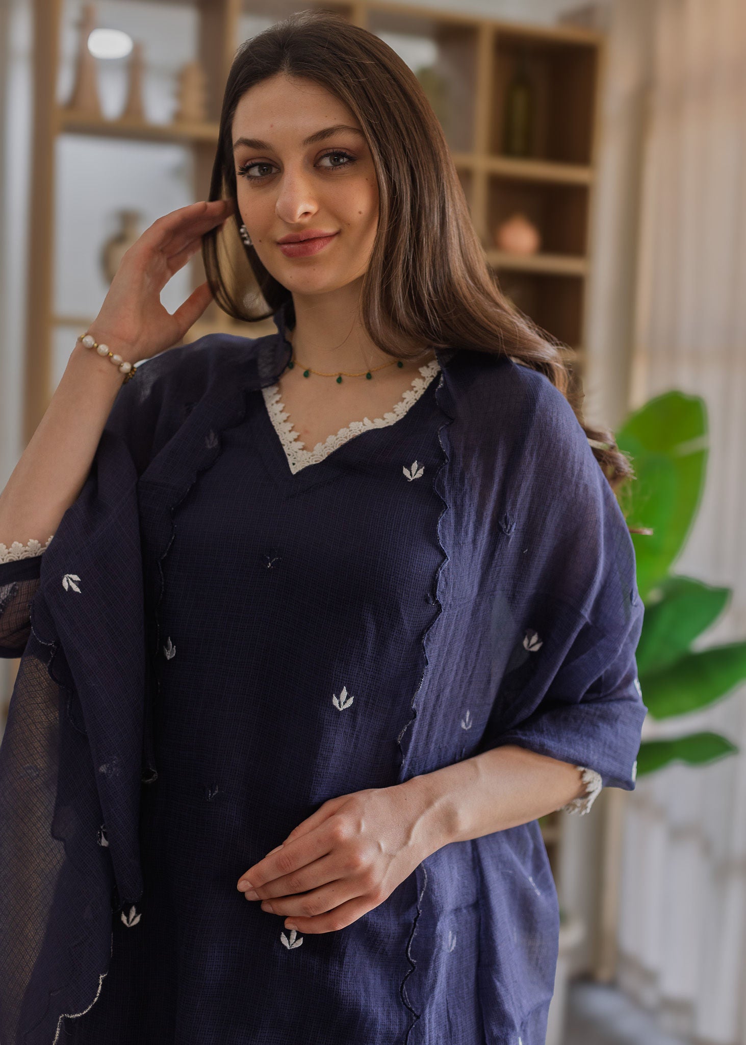 Navy Blue Doriya Embroidered Straight Set