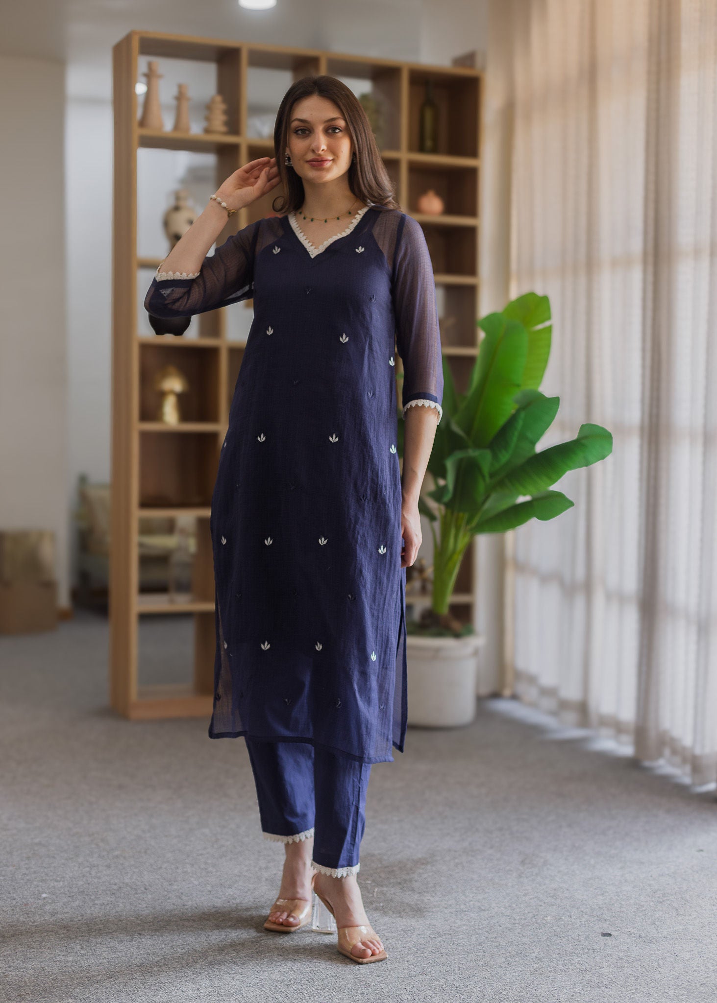 Navy Blue Doriya Embroidered Straight Set