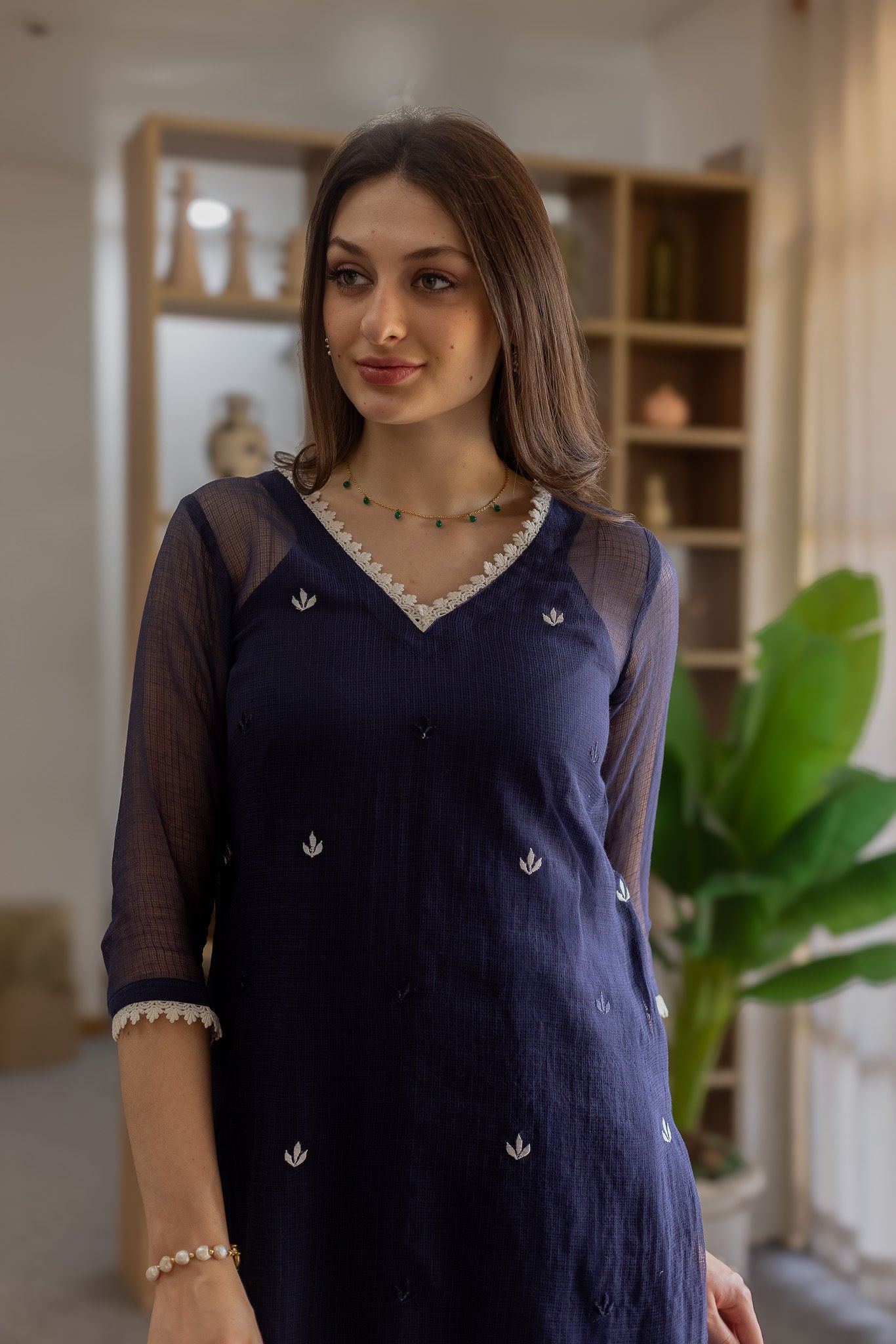 Navy Blue Doriya Embroidered Straight Set