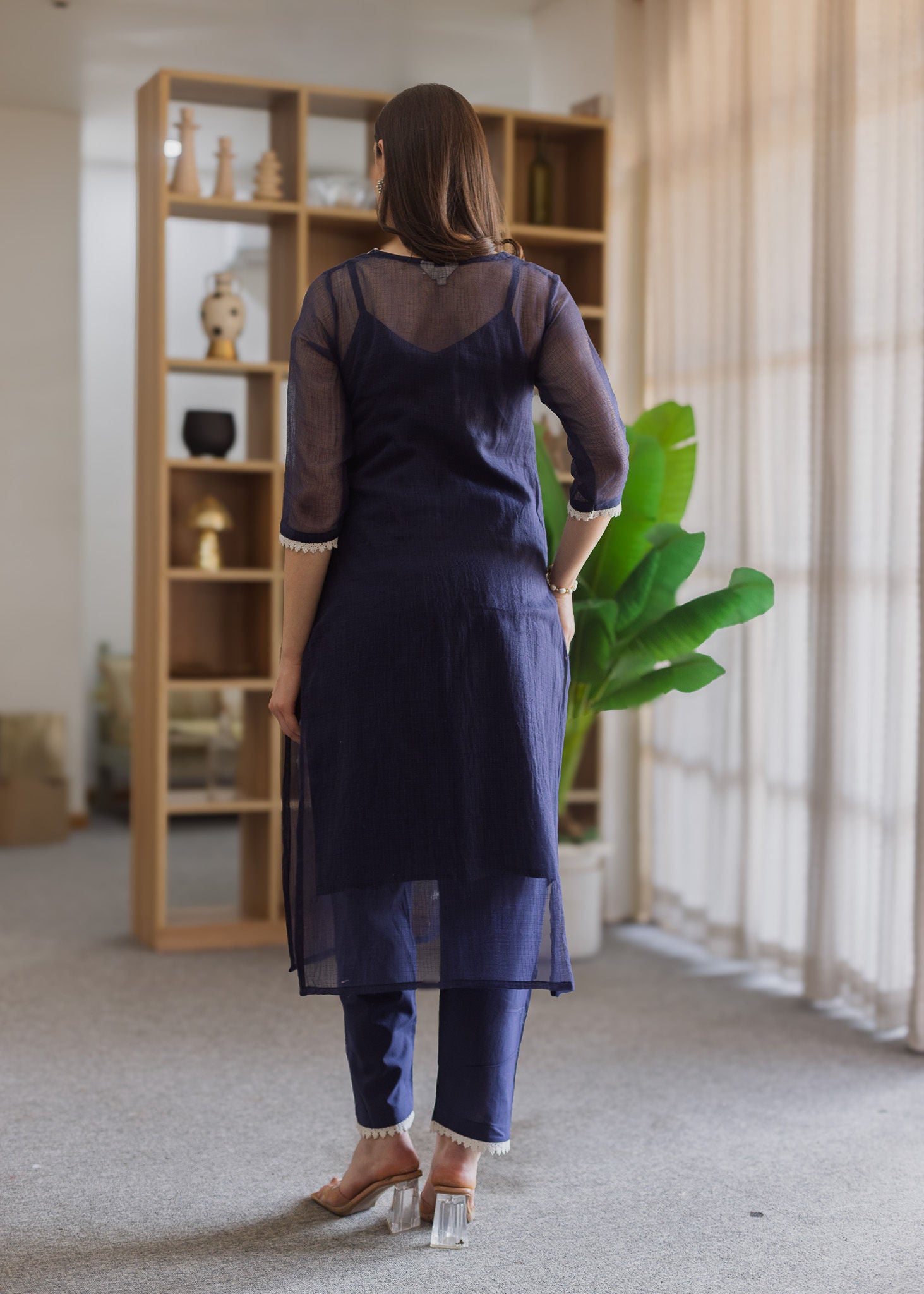 Navy Blue Doriya Embroidered Straight Set