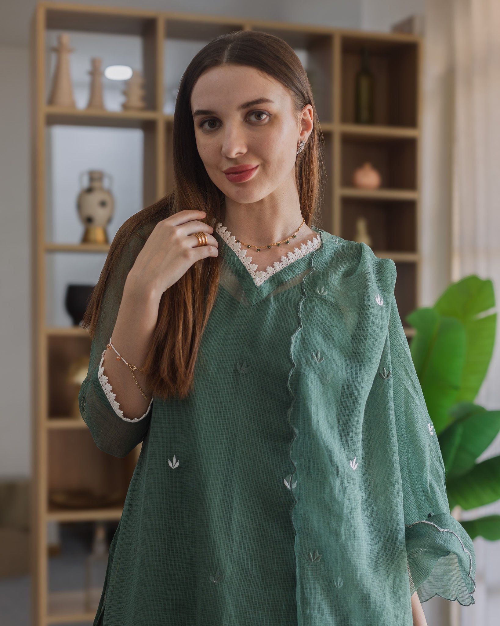 Emerald Green Doriya Embroidered Straight Set
