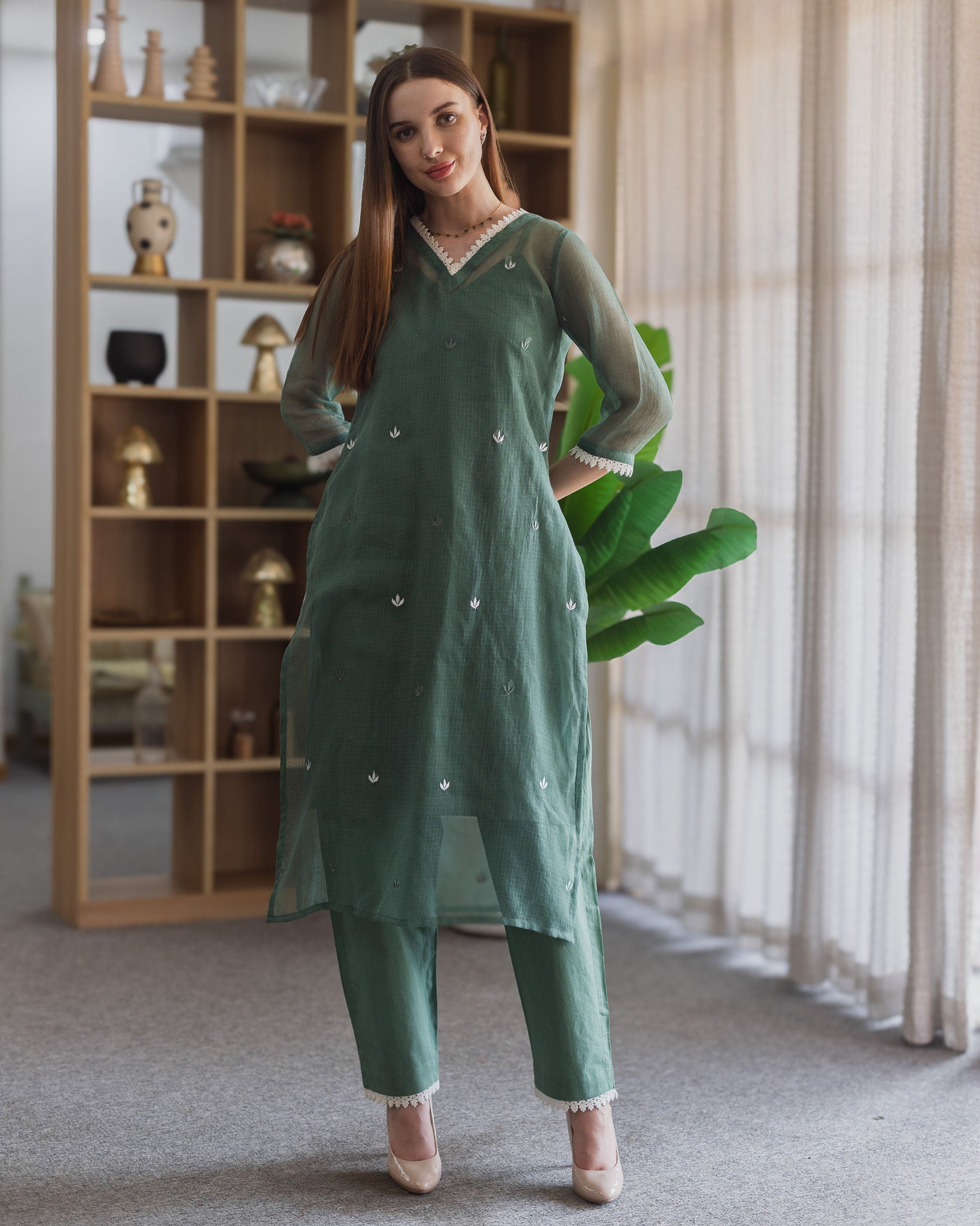 Emerald Green Doriya Embroidered Straight Set