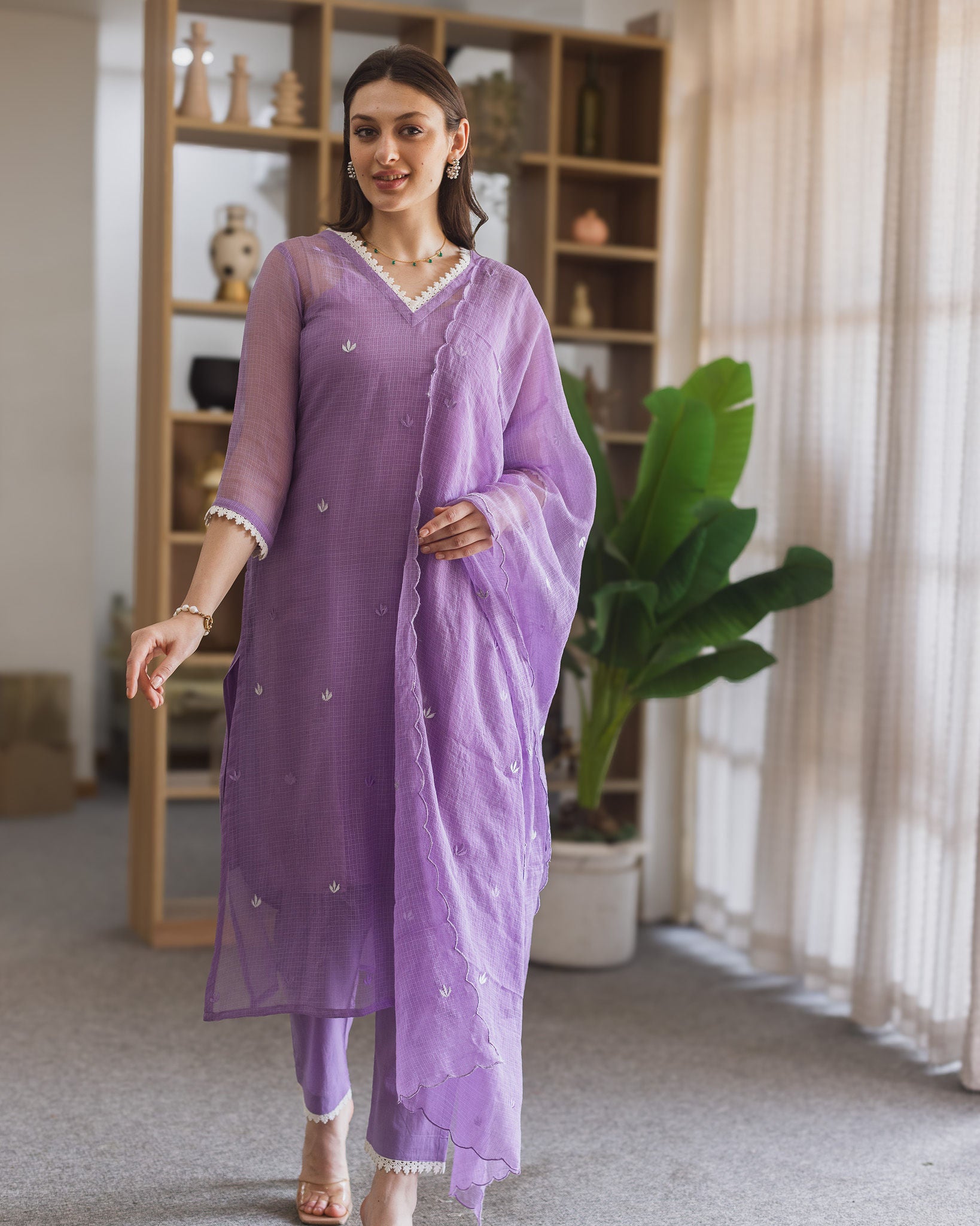 Purple Doriya Embroidered Straight Set