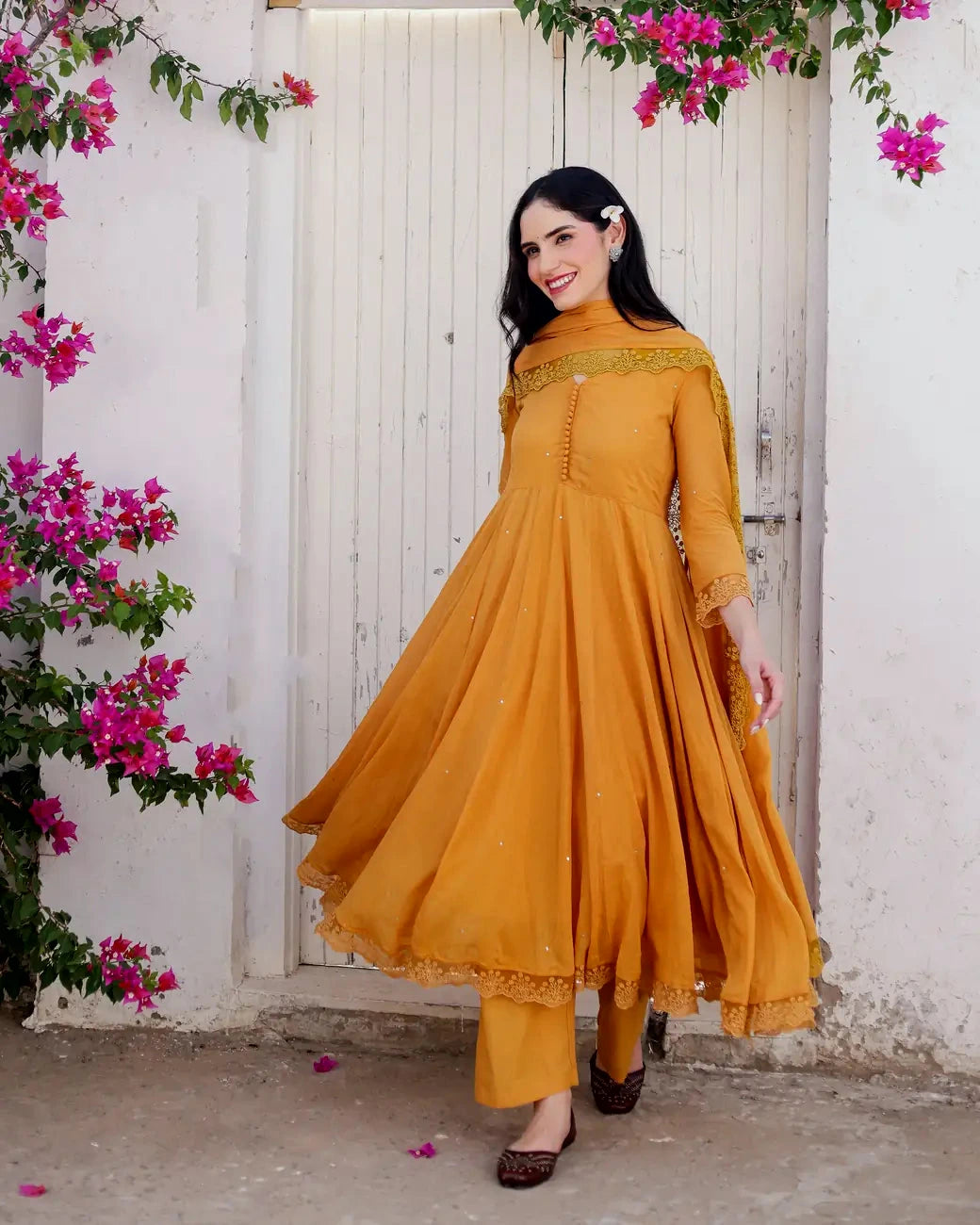 Amaltaas Golden Mustard Cotton Mulmul Anarkali Suit Set with mulmul Dupatta - AS-TTME-8 (7)