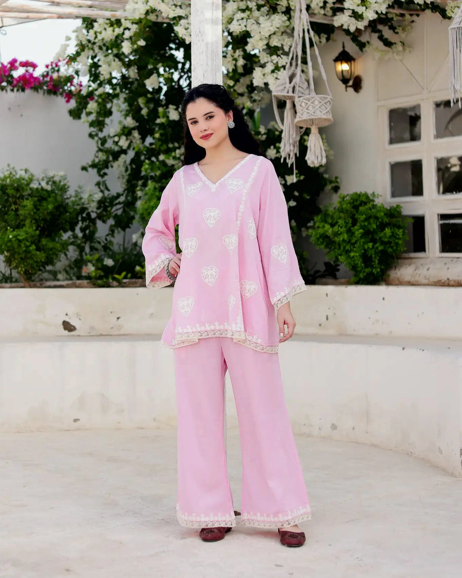Gulzaar Blush Pink Cotton Satin Aari Embroidered Kurta Palazzo Set alternate view