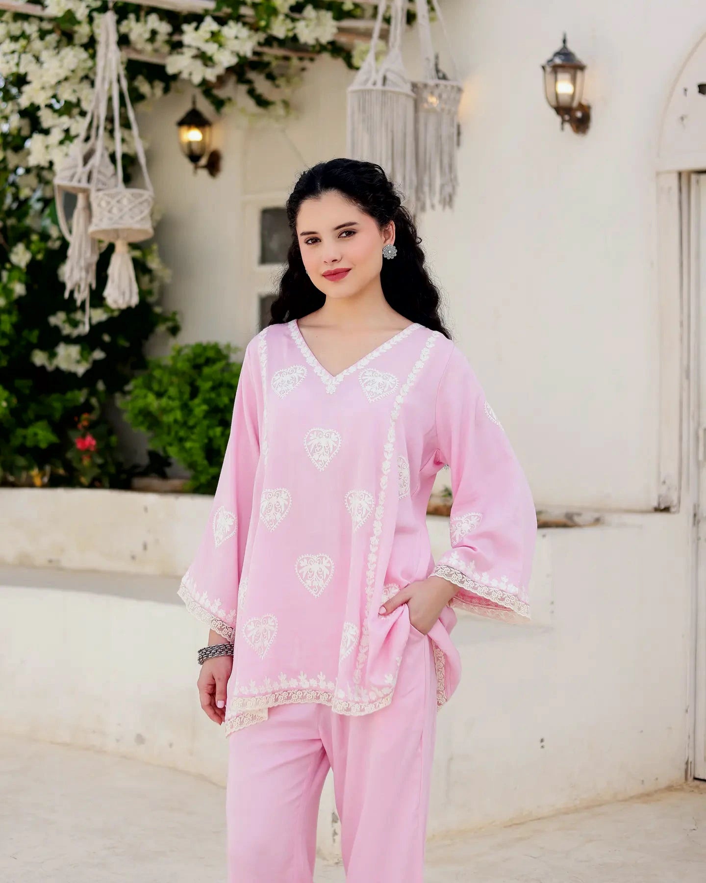 Asrumo Gulzaar blush pink cotton satin Aari embroidered kurta palazzo set with dupatta