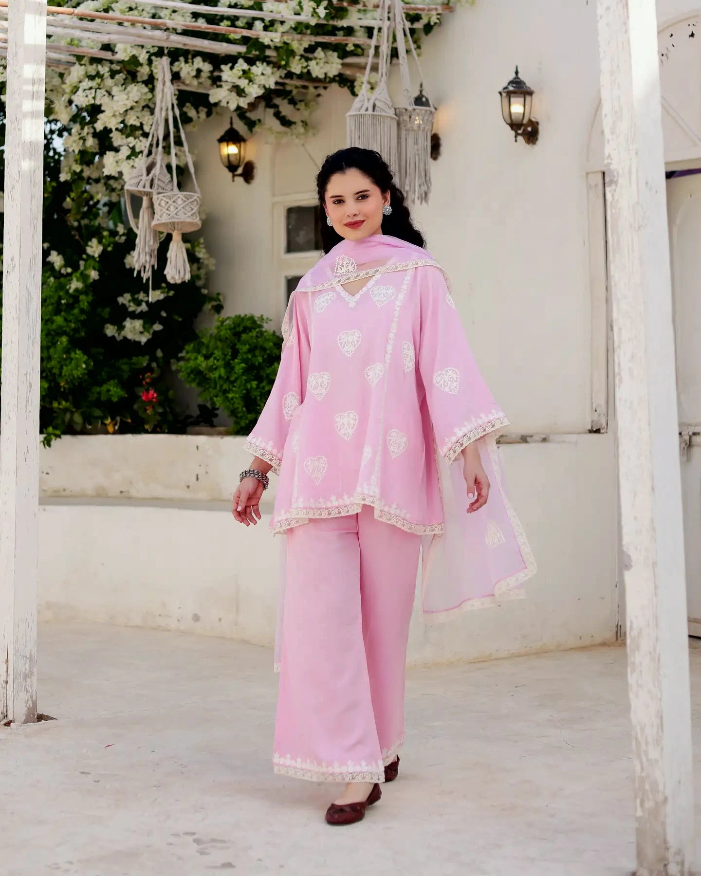 Asrumo Gulzaar blush pink cotton satin Aari embroidered kurta palazzo set with dupatta
