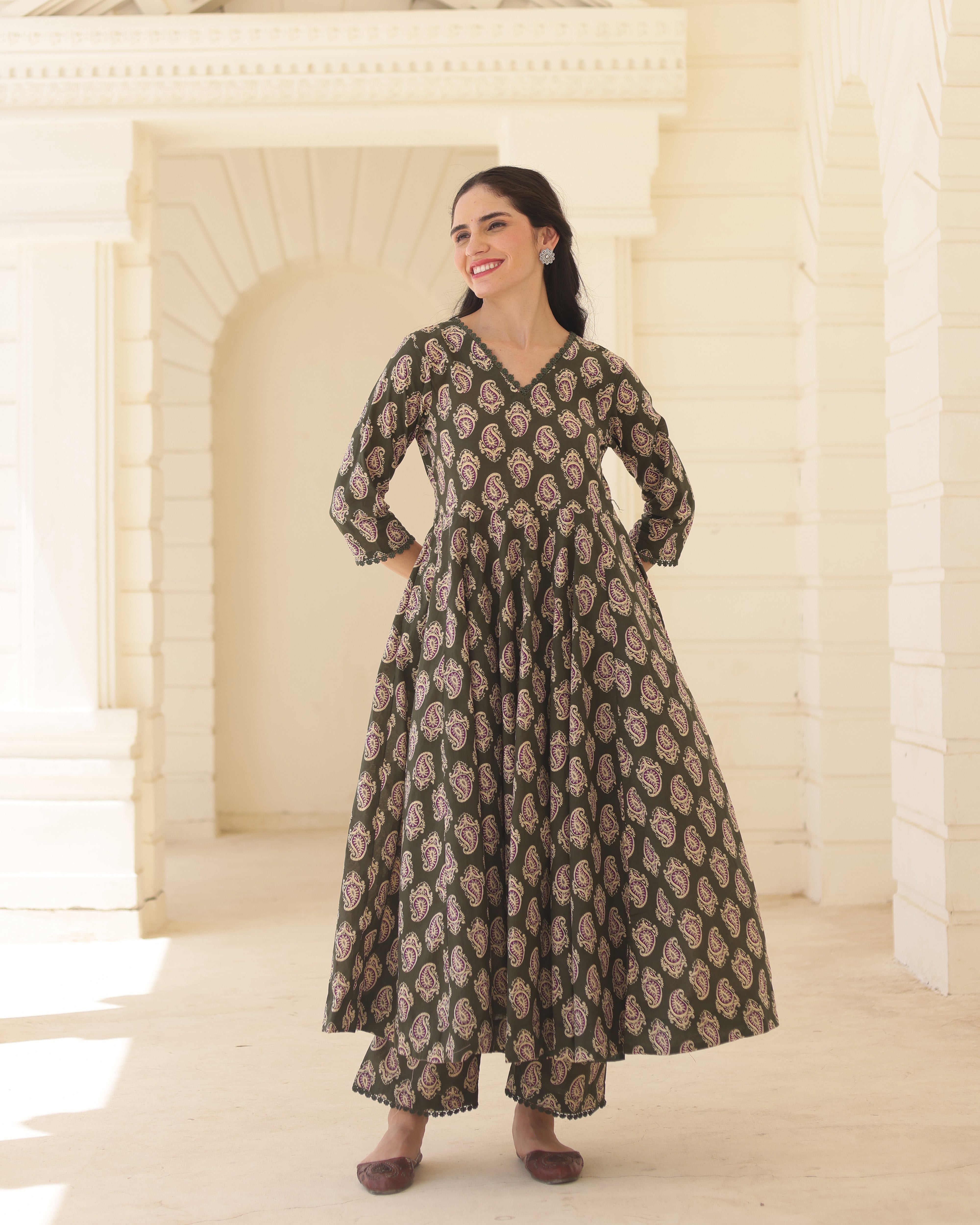 Handblock Olive paisley Green Cotton Anarkali Suit Set with Kota Doria Dupatta