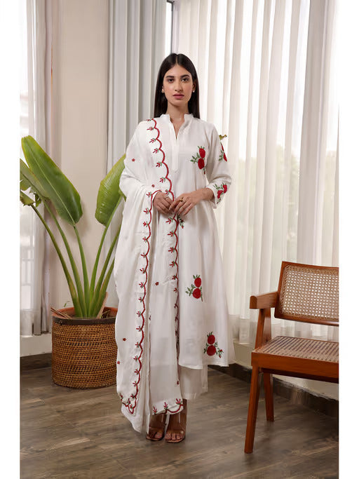 White Muslin Red Flower Embroidered A-Line Straight Set Asrumo