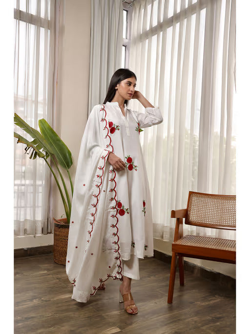 White Muslin Red Flower Embroidered A-Line Straight Set Asrumo