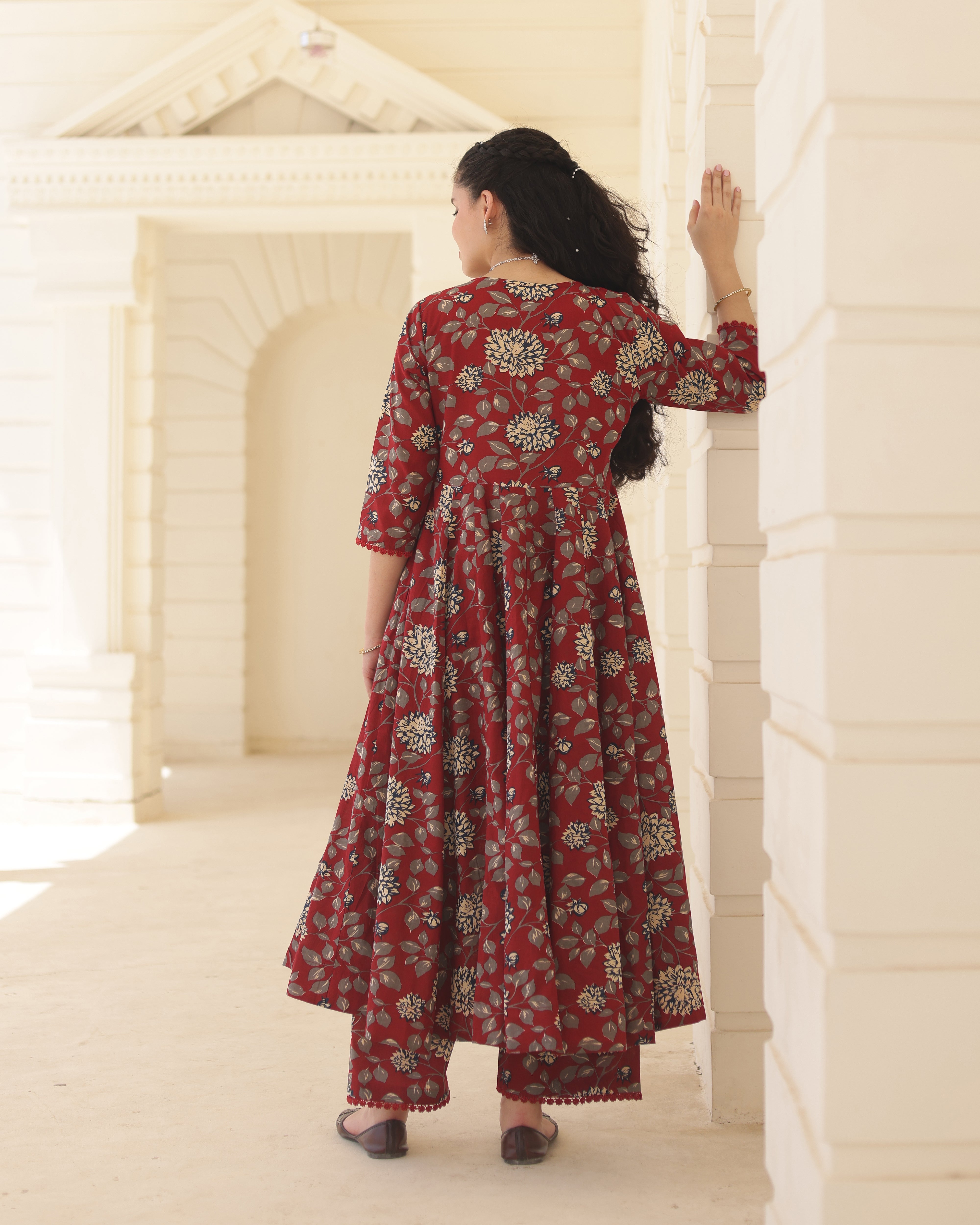 Handblock Crimson Cotton Anarkali Suit Set with Kota Doria Dupatta