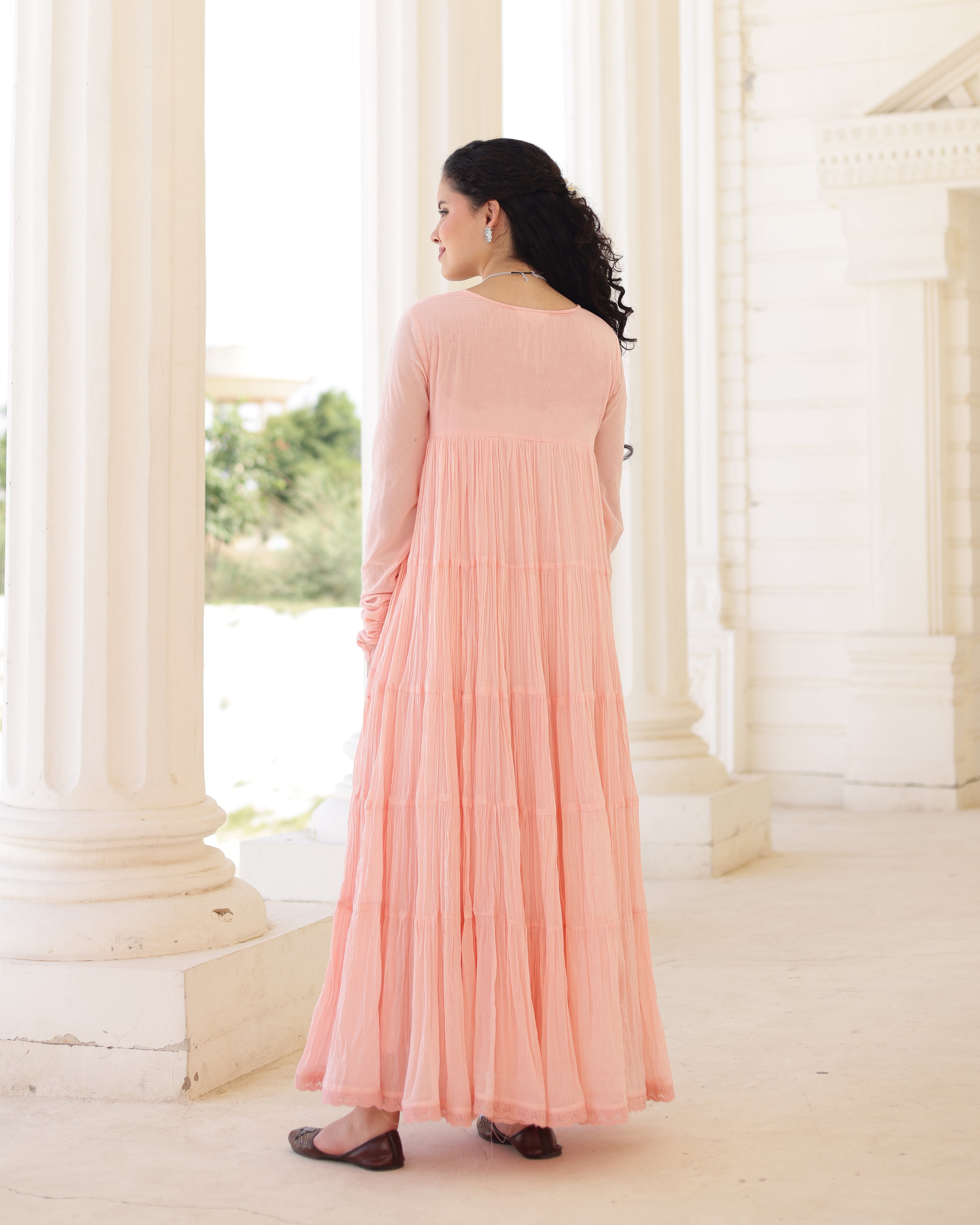 Roselle Blush Peach Cotton Mulmul Tiered Anarkali Suit Set with Dupatta