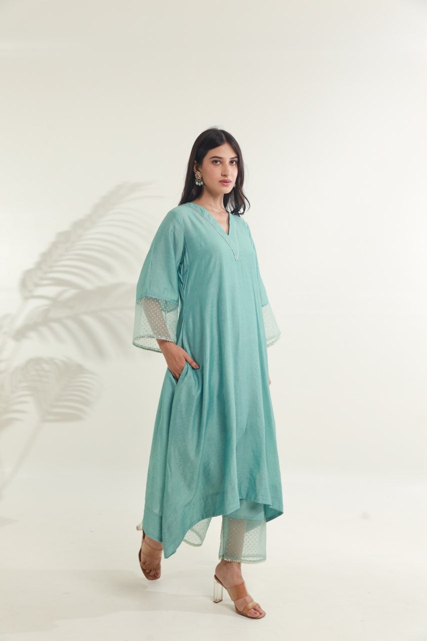 Mint Green Chanderi Straight  Set Asrumo