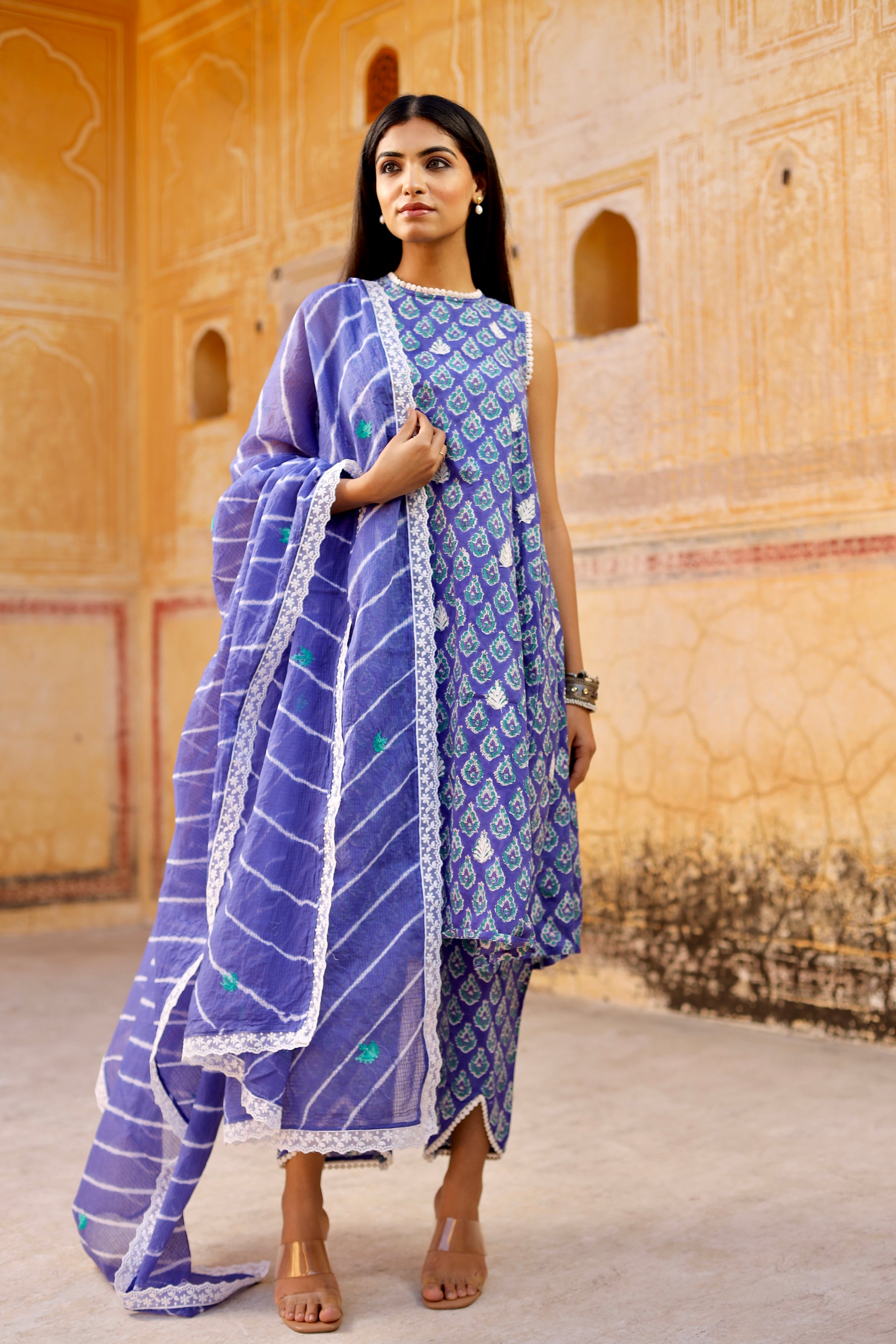 Blue handblock cotton straight set with Lehariya Dupatta Asrumo