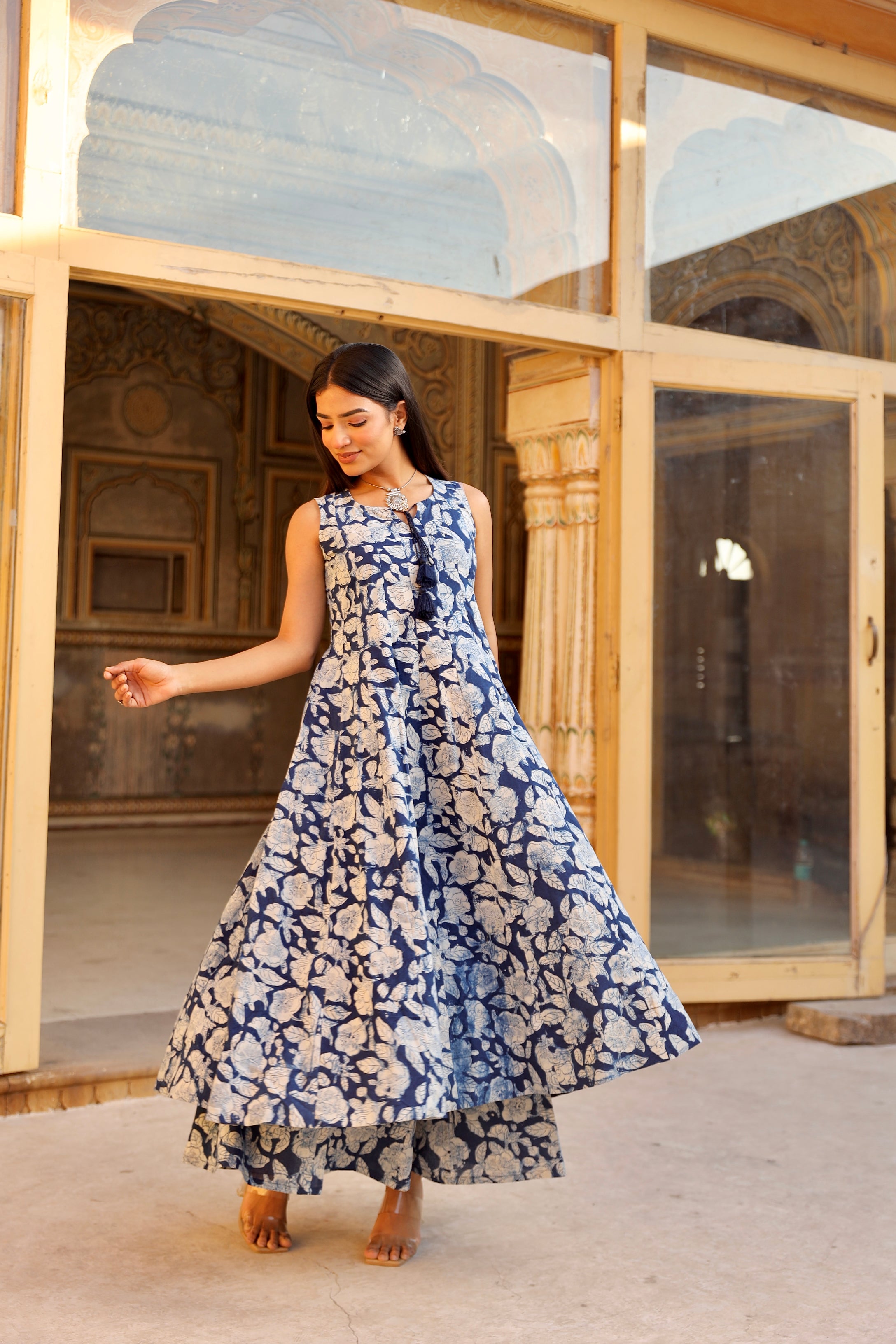 Indigo handblock cotton anarkali with kalidar pant Asrumo