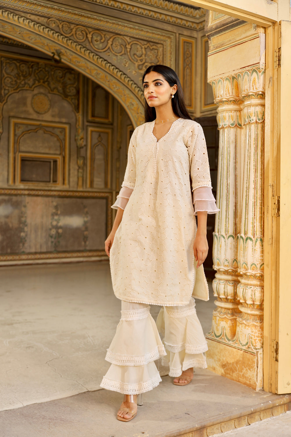 Off white schiffly kurta with frill pant and organza dupatta set