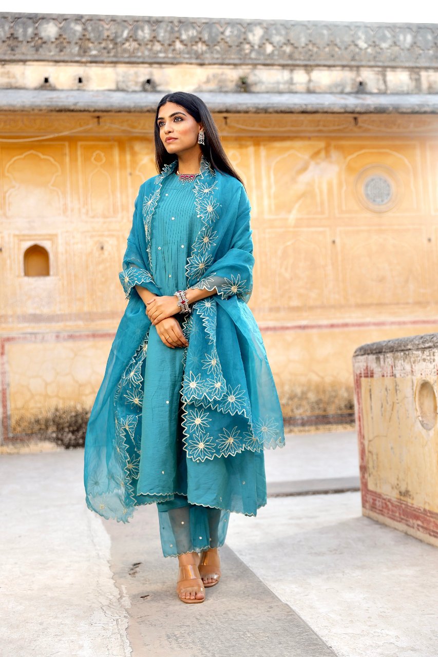 Chanderi pintuck mirror work A-line kurta set Asrumo