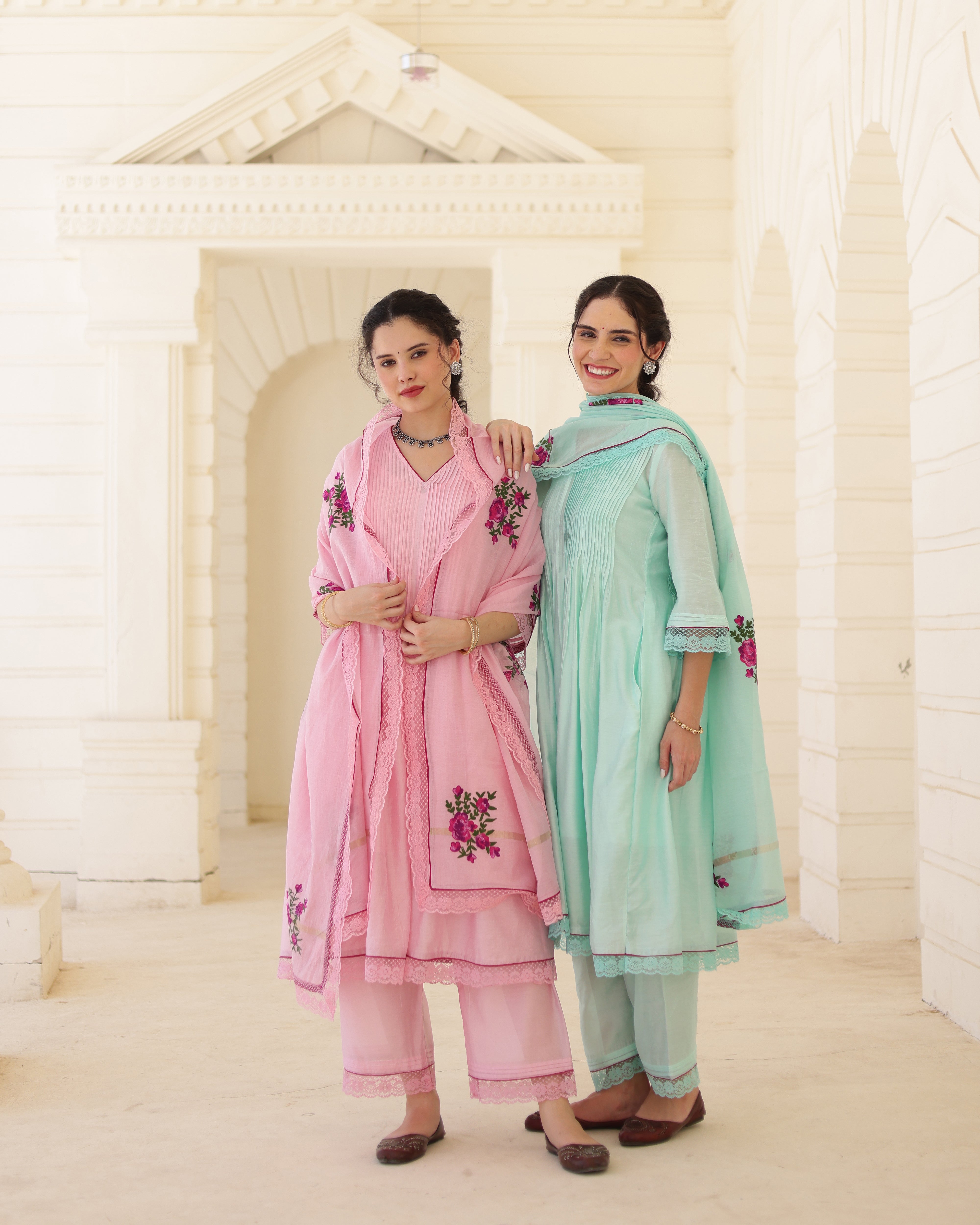 Roselle Blush Pink Chanderi Aari Embroidered Kurta Palazzo Set with Floral Dupatta
