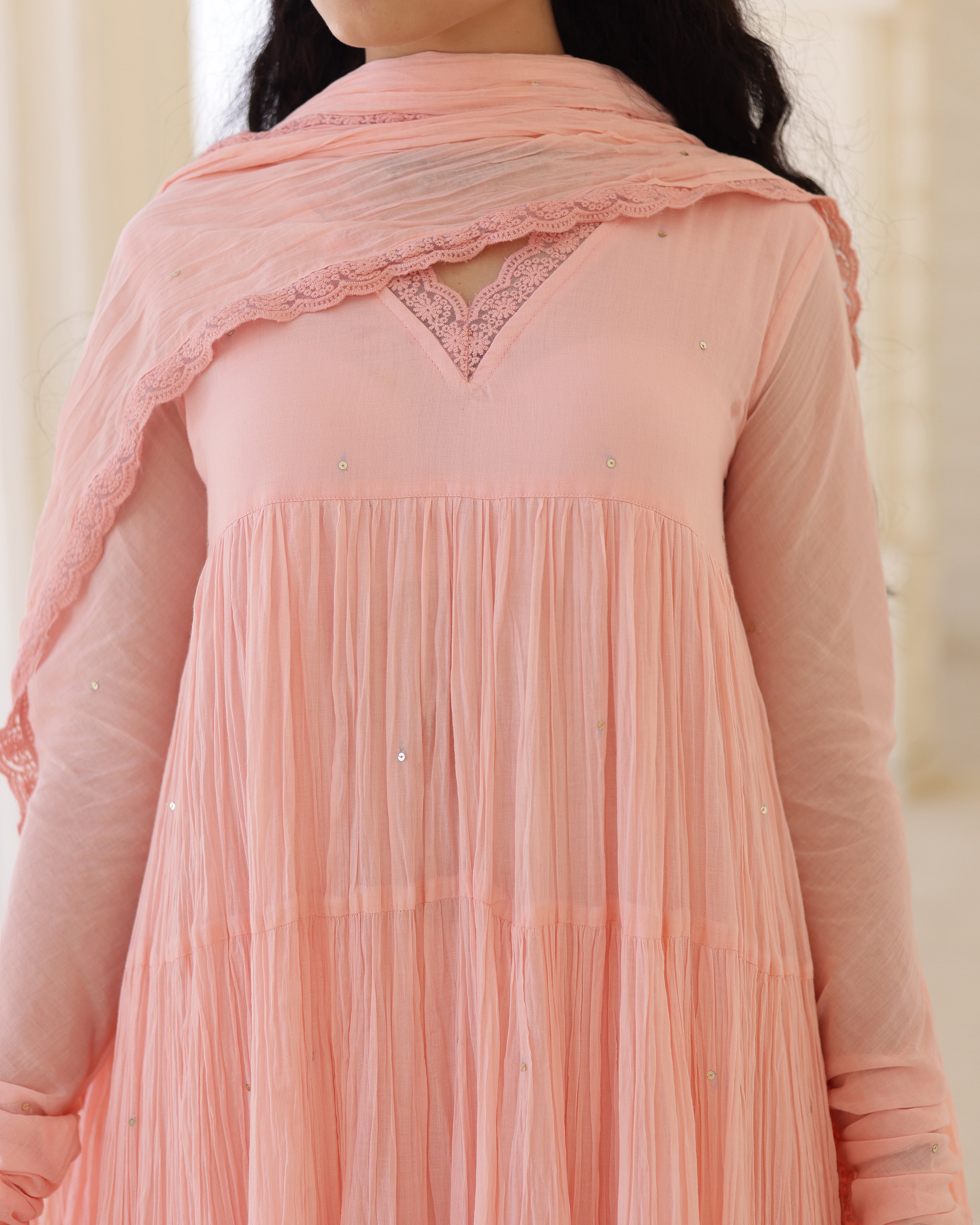 Roselle Blush Peach Cotton Mulmul Tiered Anarkali Suit Set with Dupatta