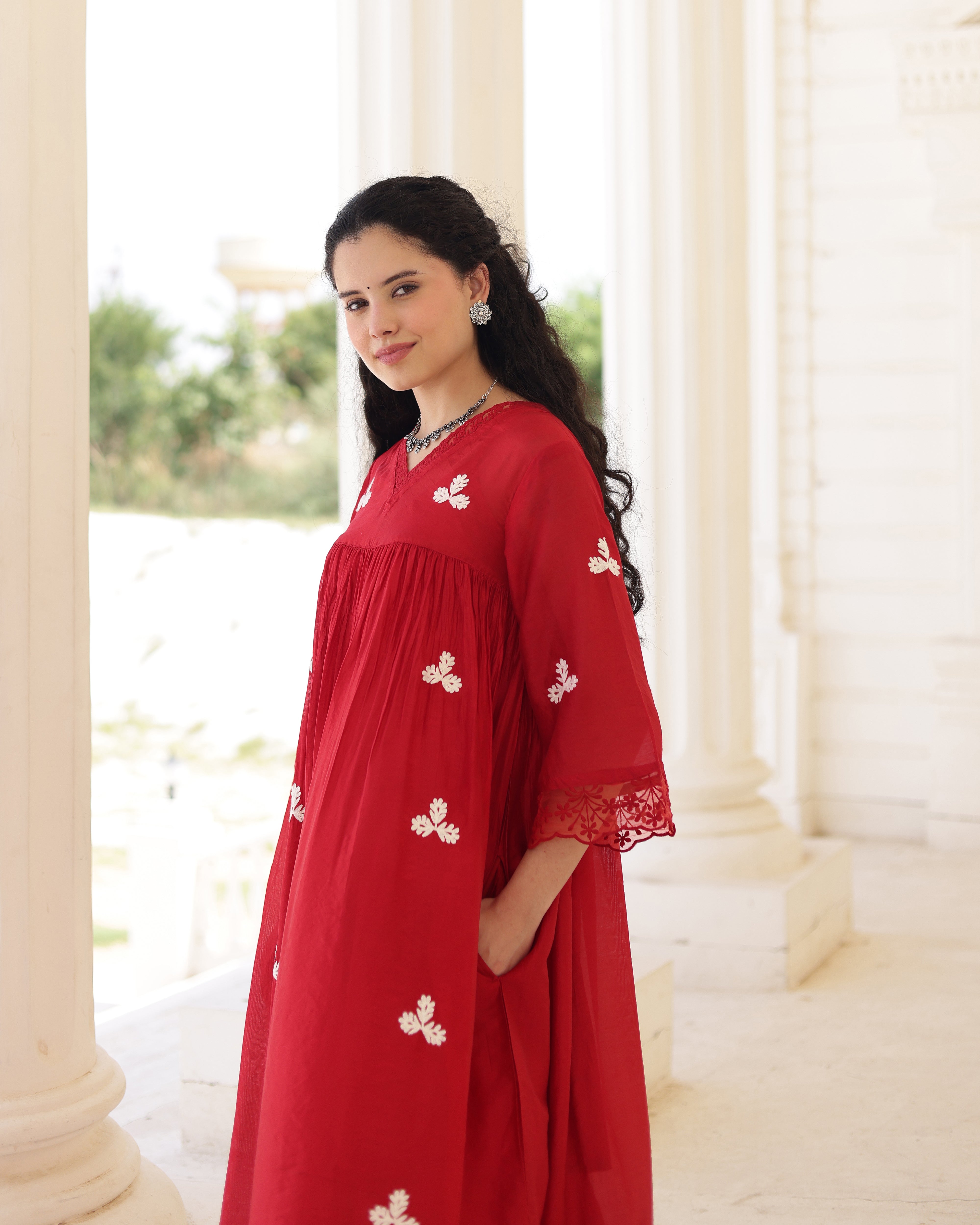 Rouge Ruby Red Chanderi Aari Embroidered Kurta Palazzo Set with Dupatta