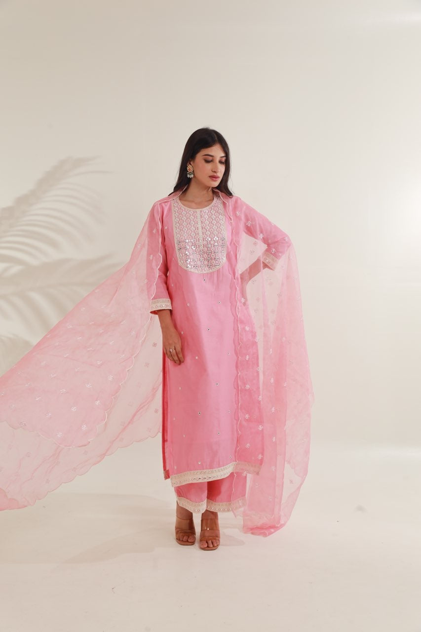 Pink MirrorWork  Chanderi Straight  Set Asrumo