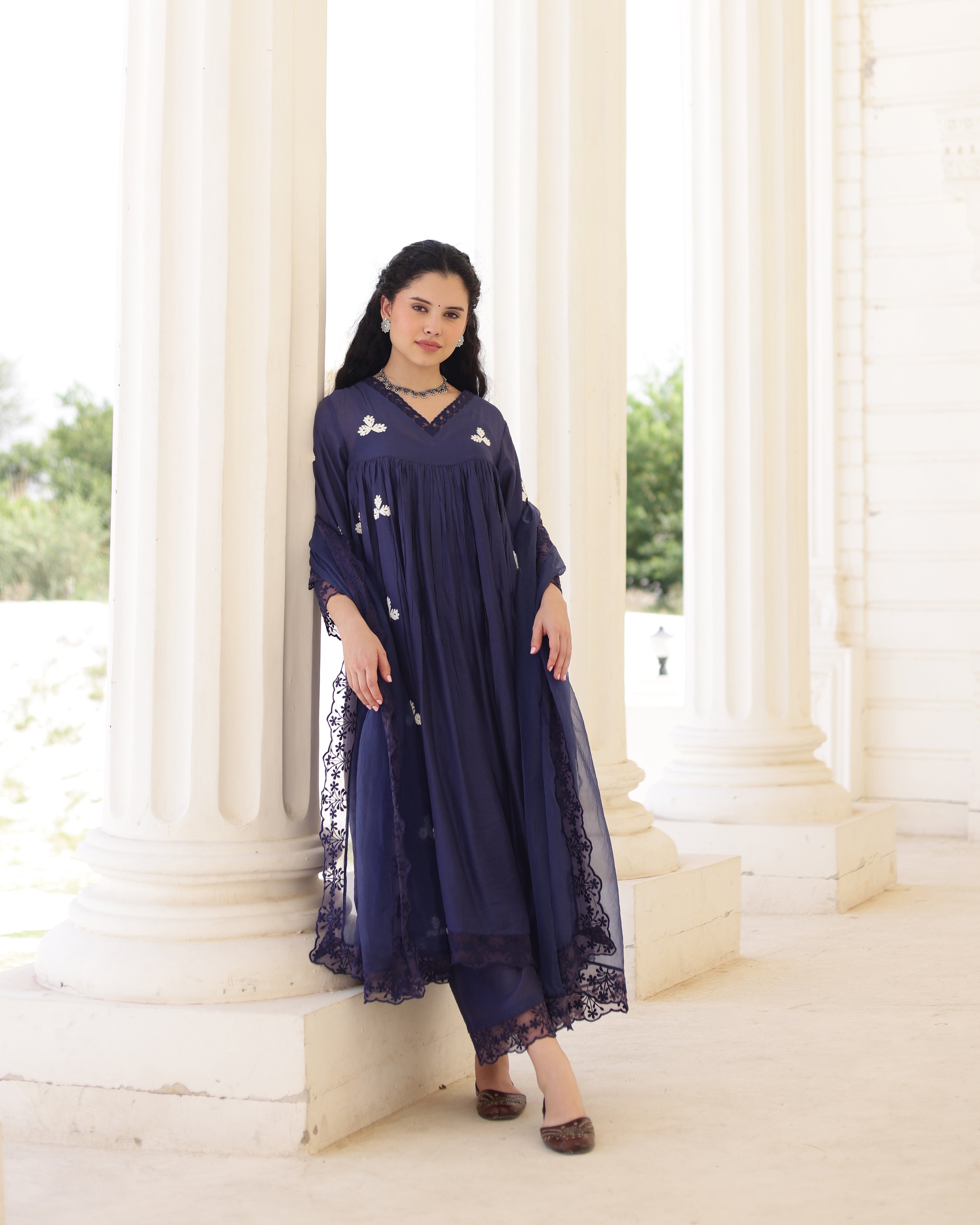 Midnight Muse Navy Chanderi Aari Embroidered Kurta Palazzo Set