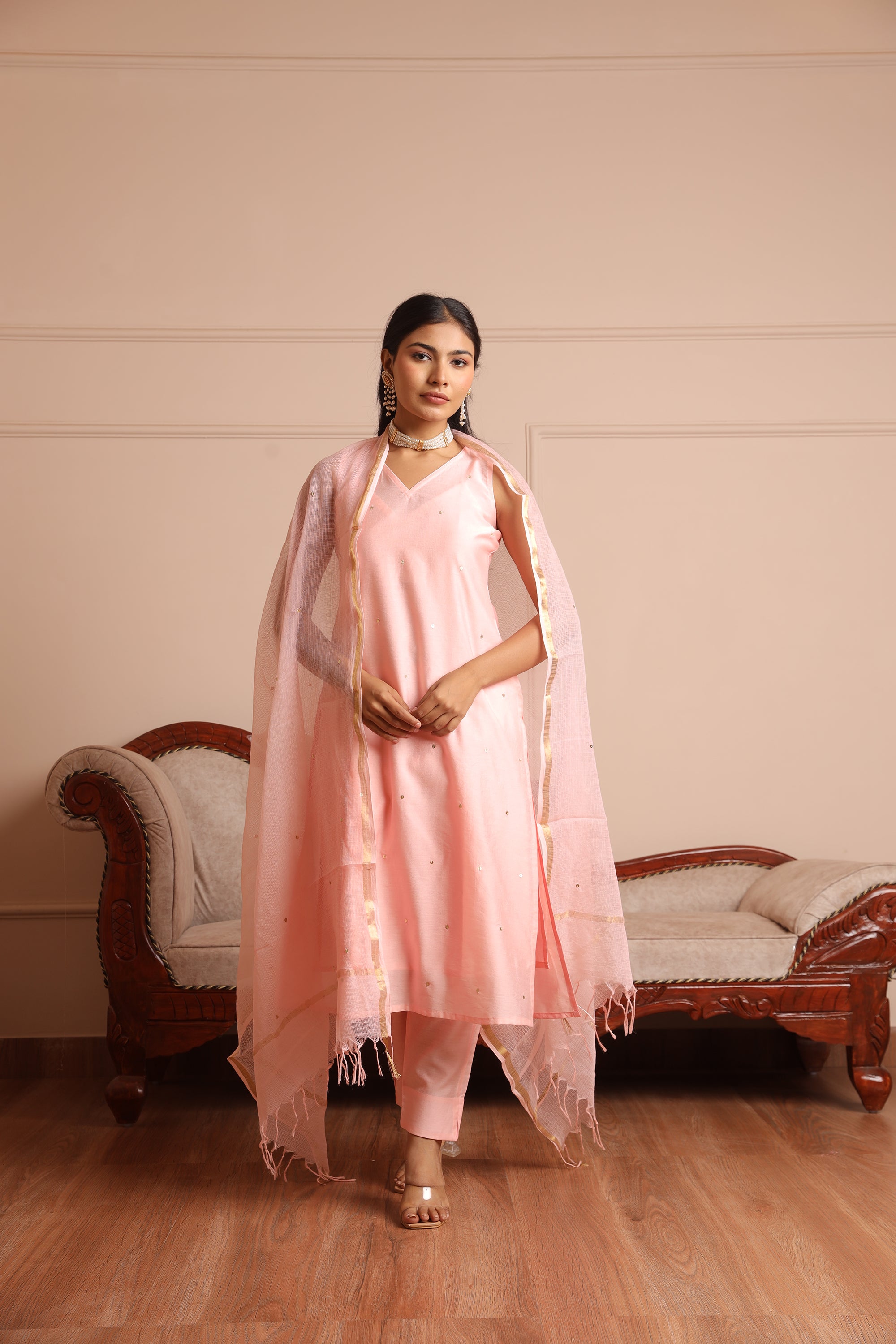 Light Pink Chanderi  Embroidered Straight Set  - Asrumo