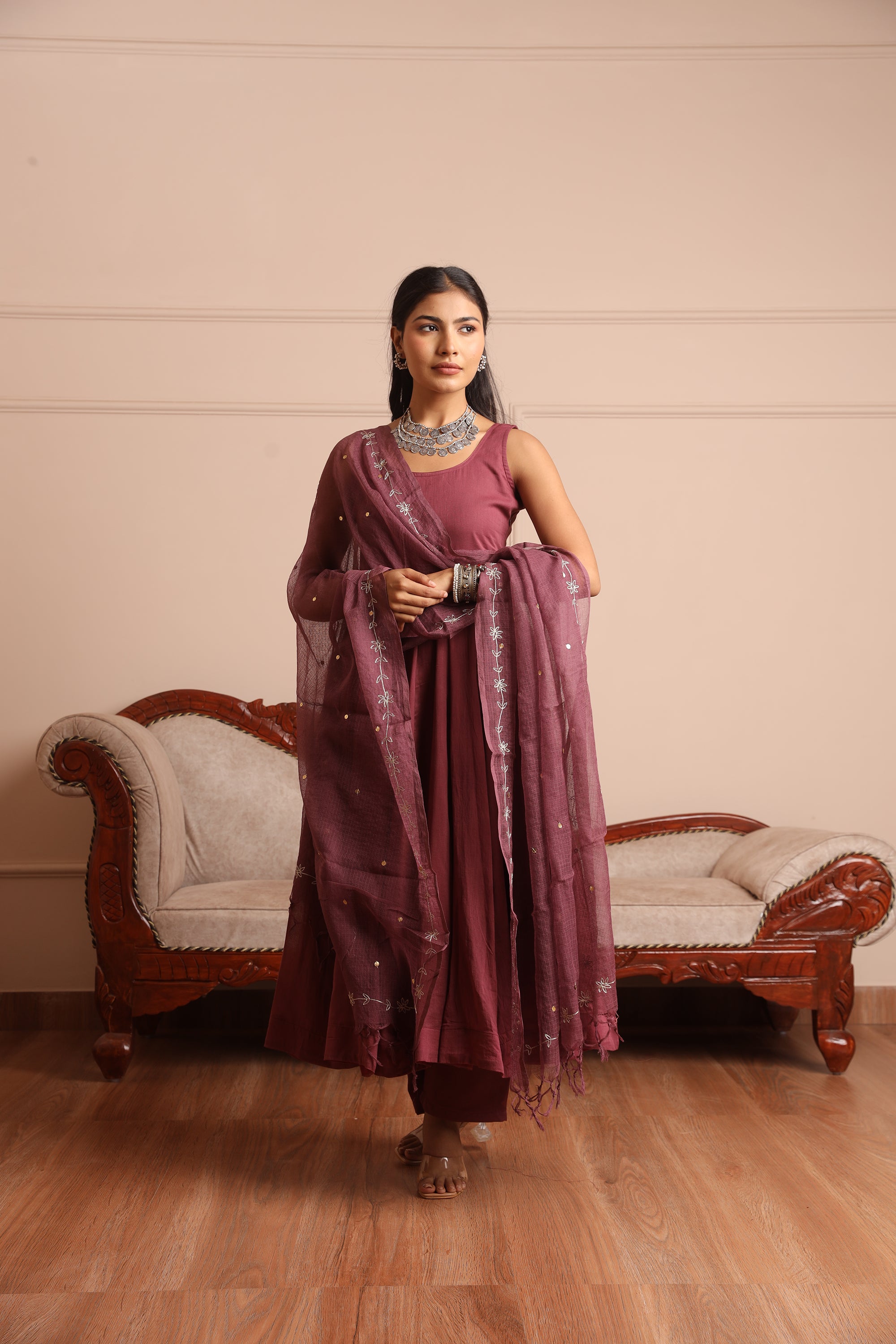 Wine Mulmul Anarkali Set - Asrumo