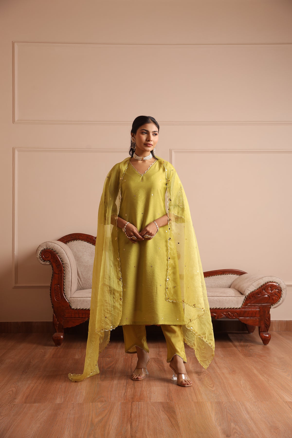 Lime Green Chaderi Taari And Zari Embroidered Straight Set With Matchi