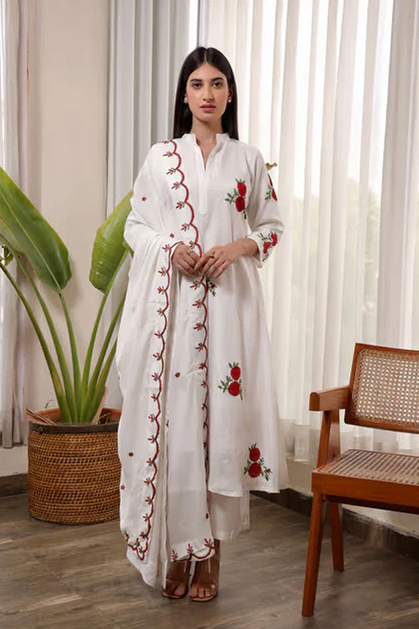 White Muslin Red Flower Embroidered A-Line Straight Set