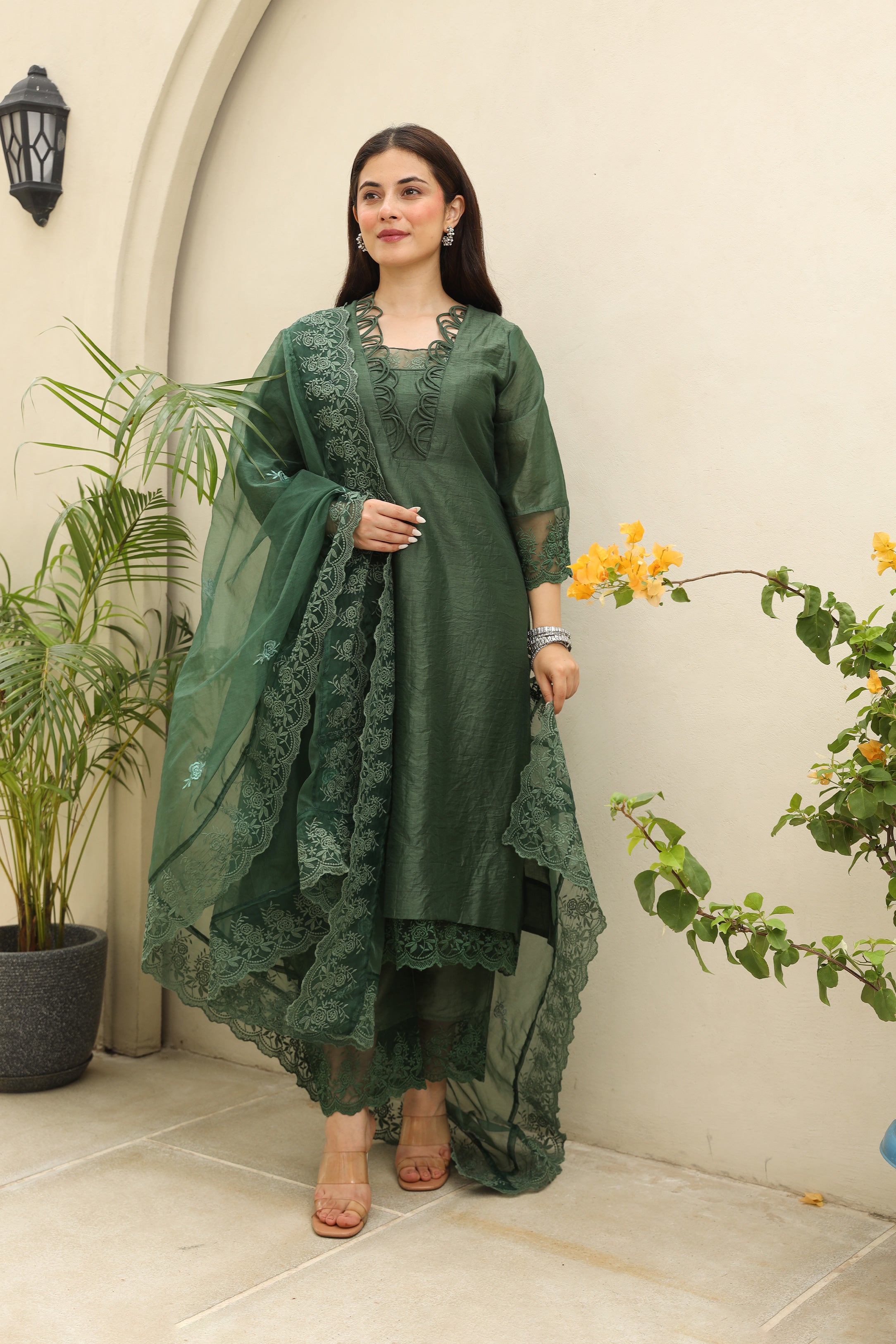 Emerald Elegance Chanderi fabric suit set Asrumo