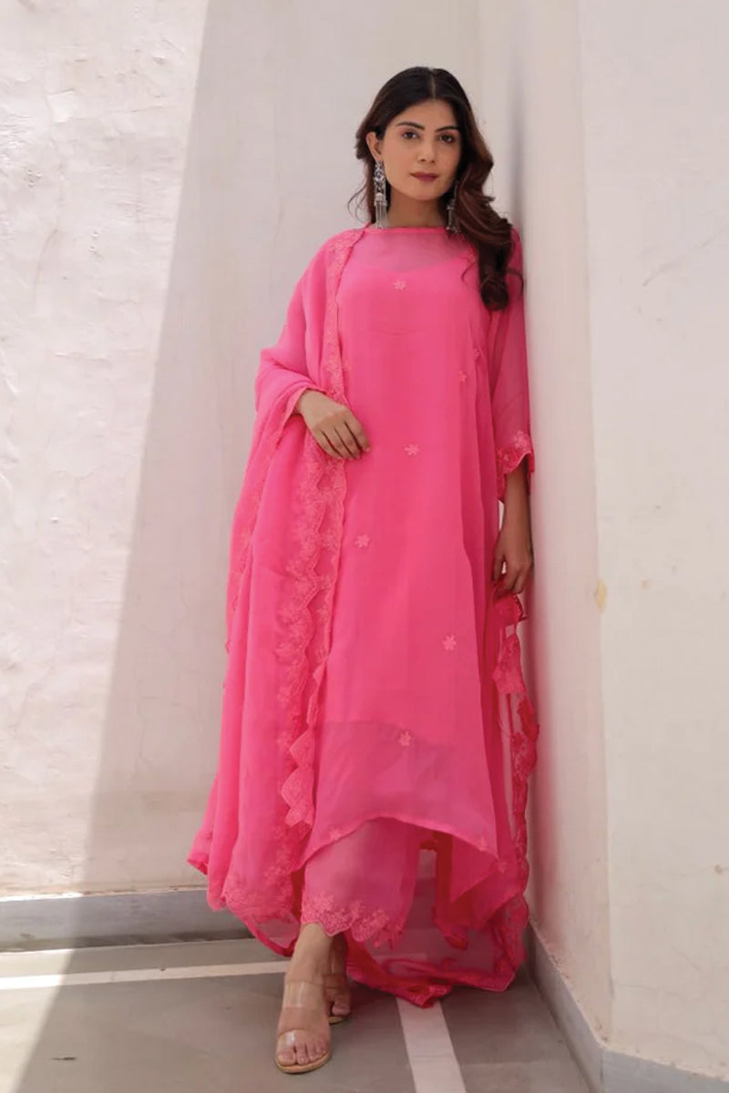 Pink hand Aari embroidery viscose organza set