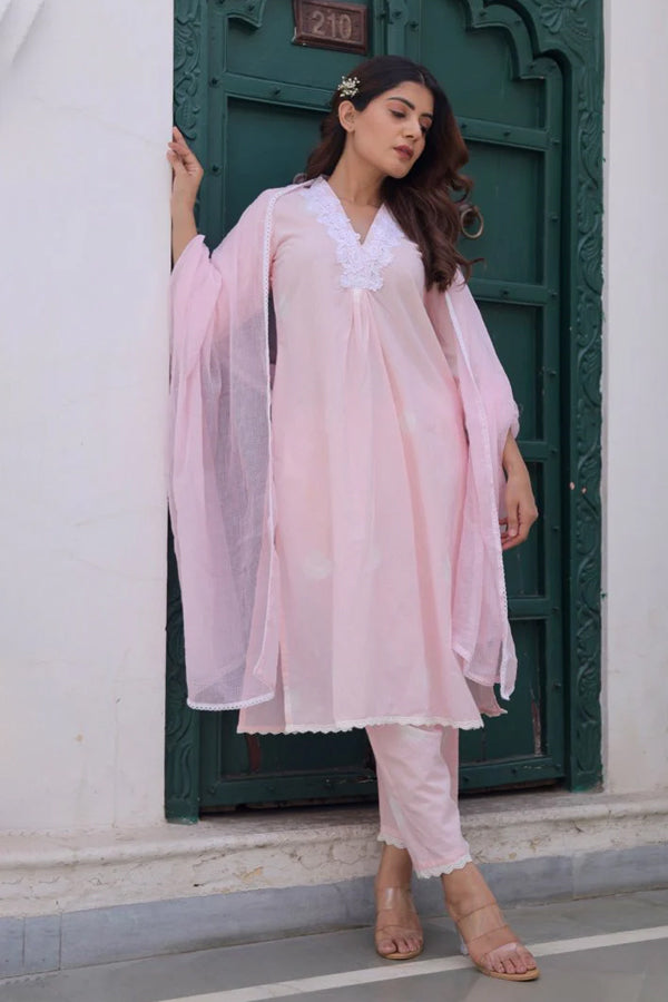 Pink Cotton Tie & Dye White Lace Straight Set with Doriya Dupatta