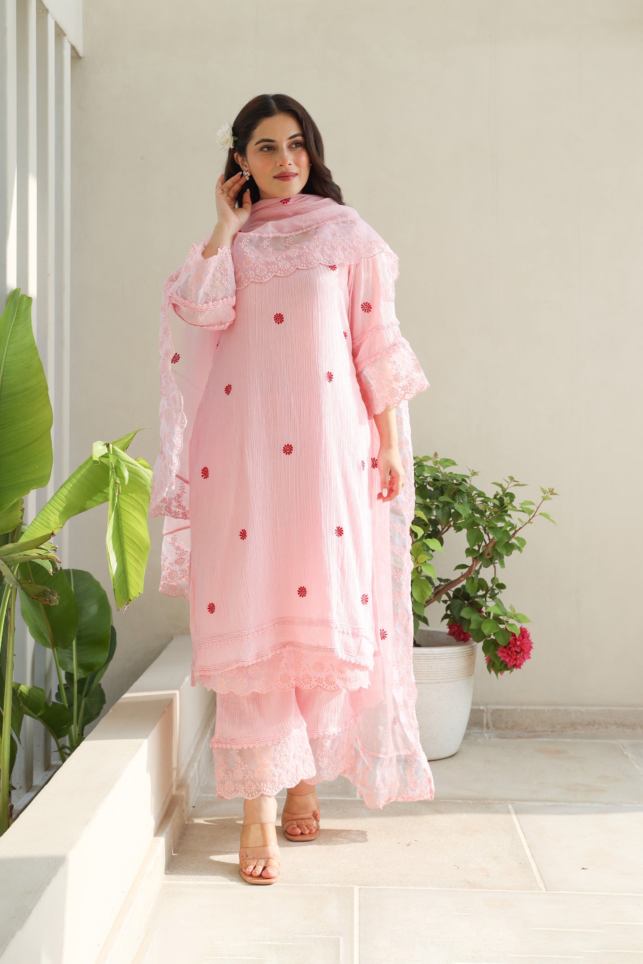 Floral Elegance Pink Cotton Gauze Kurta Set with Kota Doriya Dupatta Asrumo