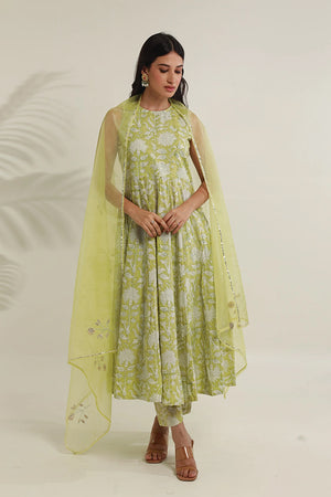 Pista Jaal Handblock Cotton Anarkali with Organza gota work Dupatta