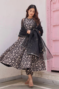 Black Jaal Handblock Cotton Anarkali with Organza gota work Dupatta