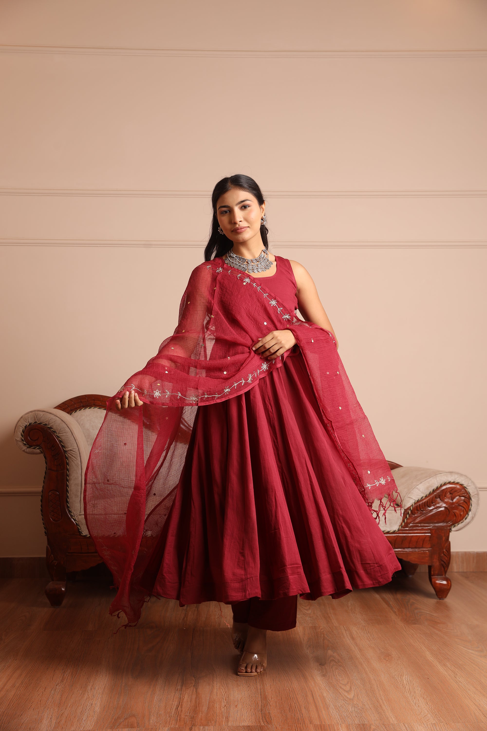 Maroon Mulmul Anarkali Set - Asrumo