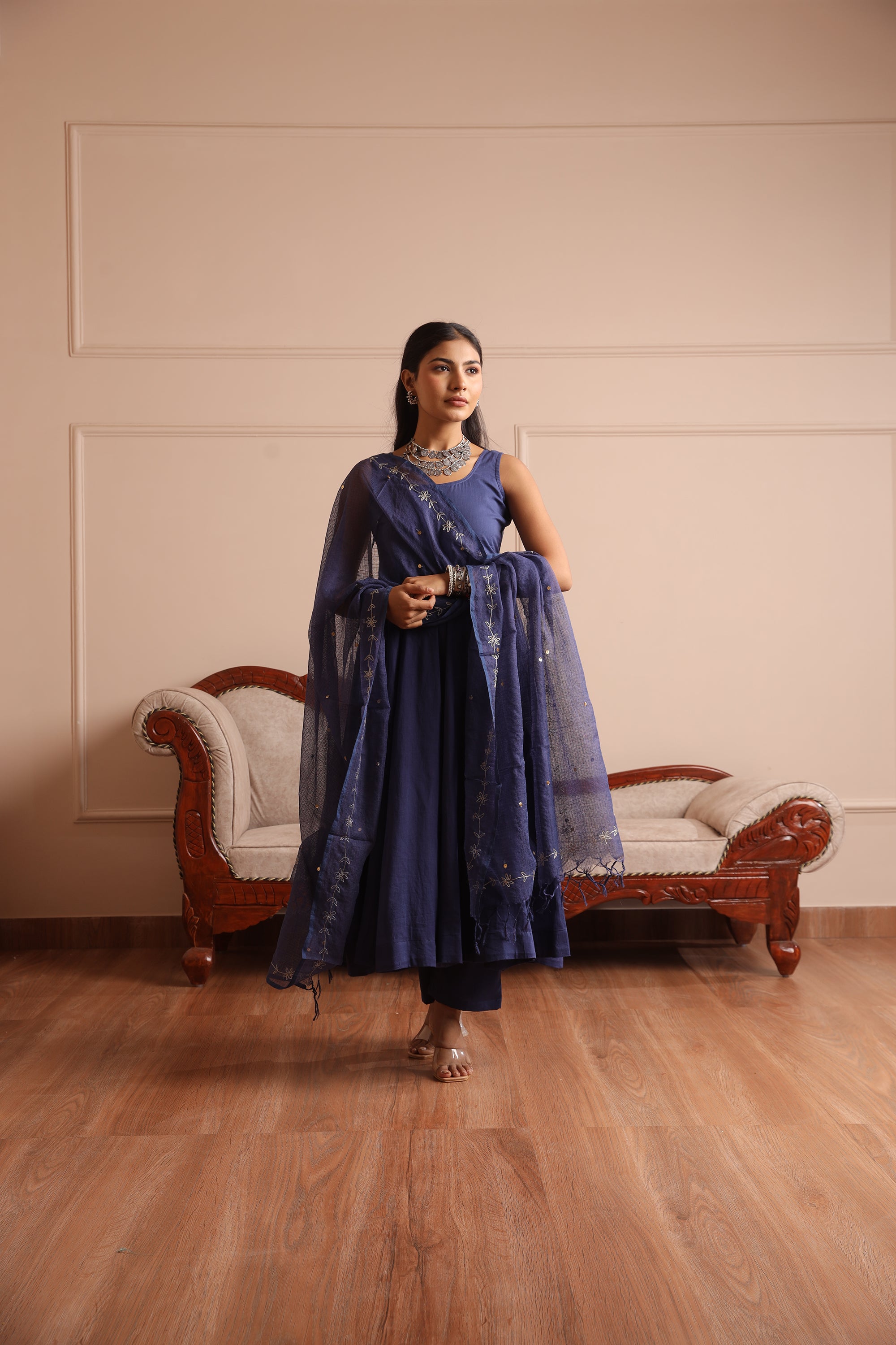 Blue Mulmul Anarkali Set - Asrumo
