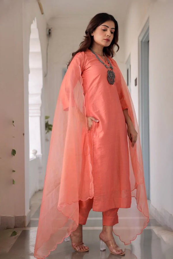 Orange Muslin Straight Set With Organza Dupatta