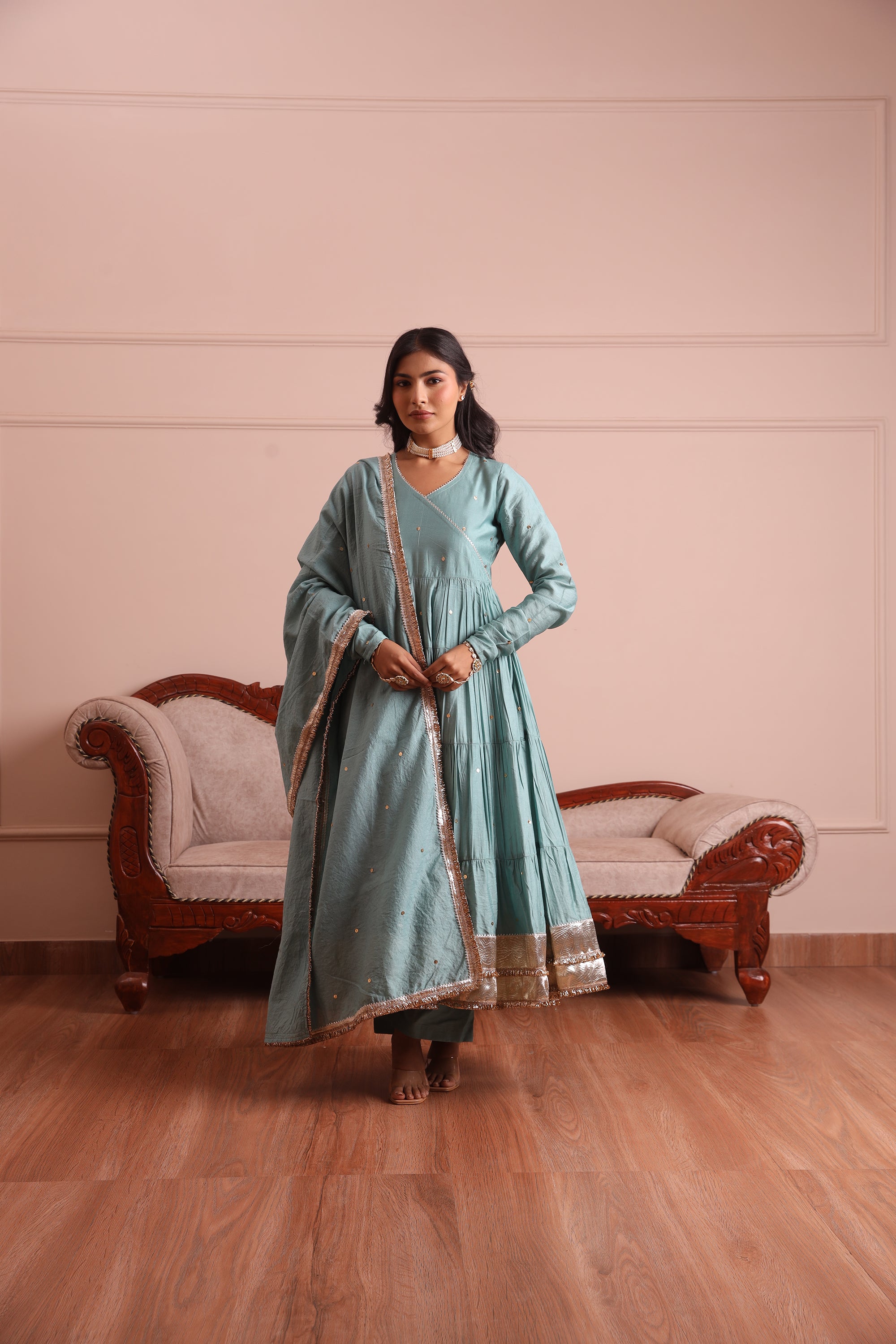 Mint Green Embroidered Chanderi Anarkali Set - Asrumo
