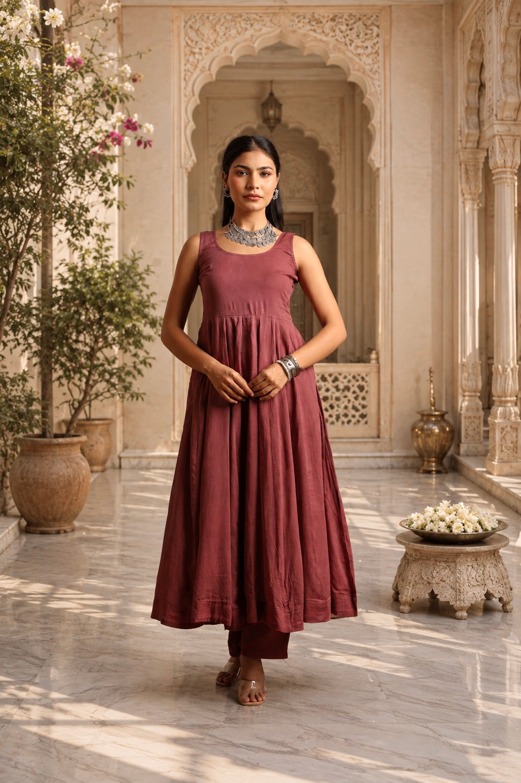 Mauve Mulmul Anarkali Set With Taari And Zari Embroidred Doriya Dupatta