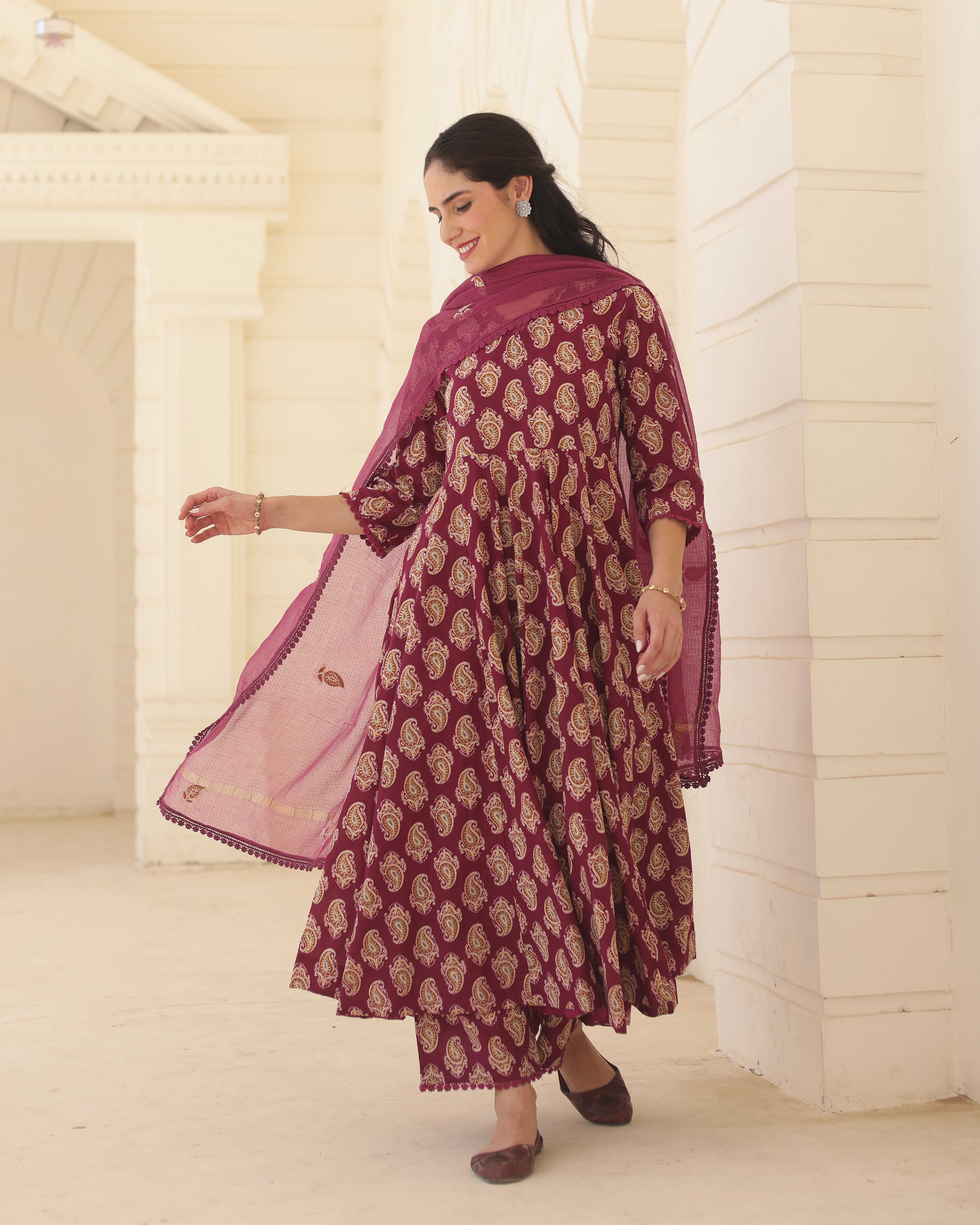 Royal Paisley Handblock Cotton Anarkali Suit Set with Kota Doria Dupatta