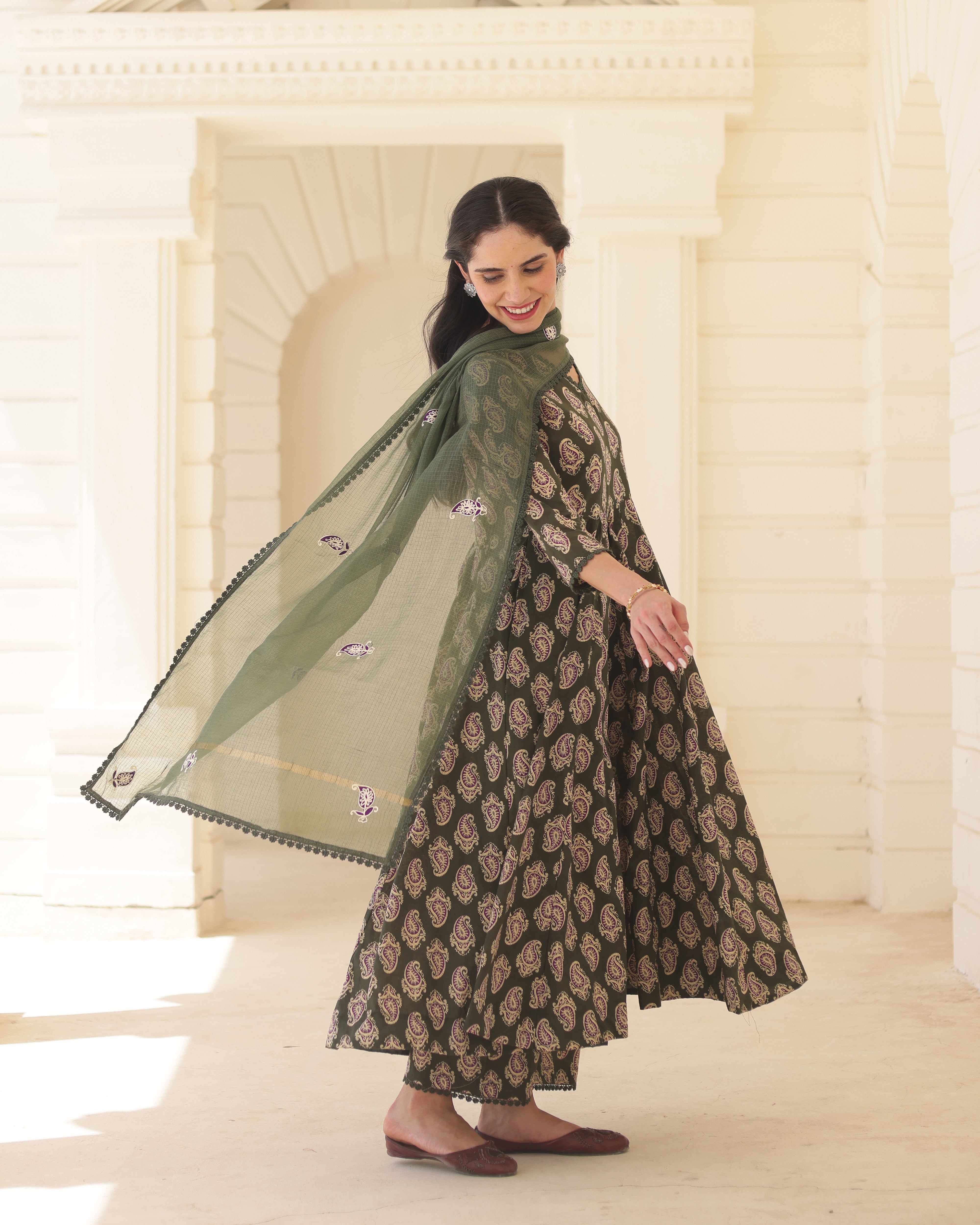 Handblock Olive paisley Green Cotton Anarkali Suit Set with Kota Doria Dupatta