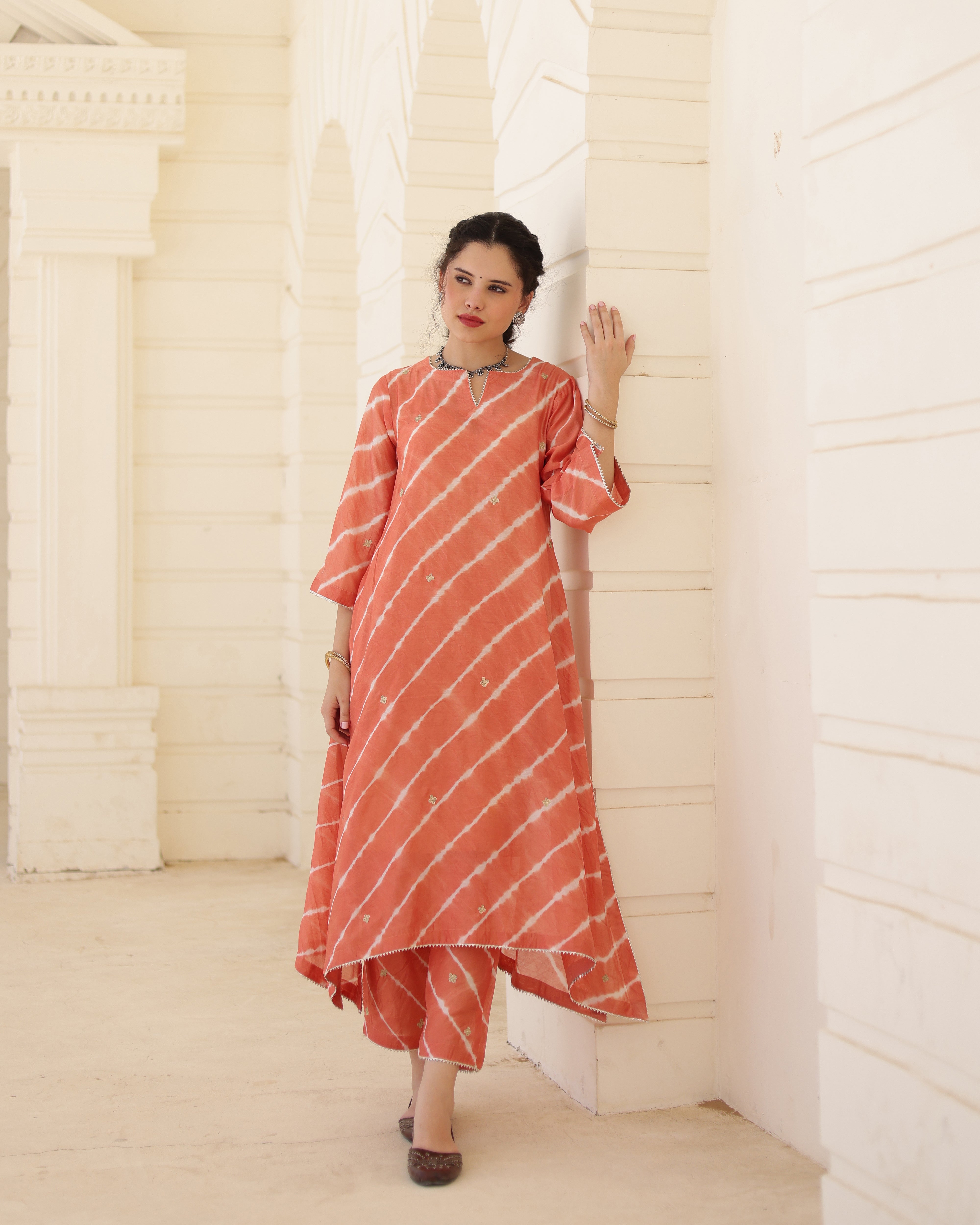 Terracotta Chanderi Hand Dyed Leheriya Kurta Set with Zari Embroidery