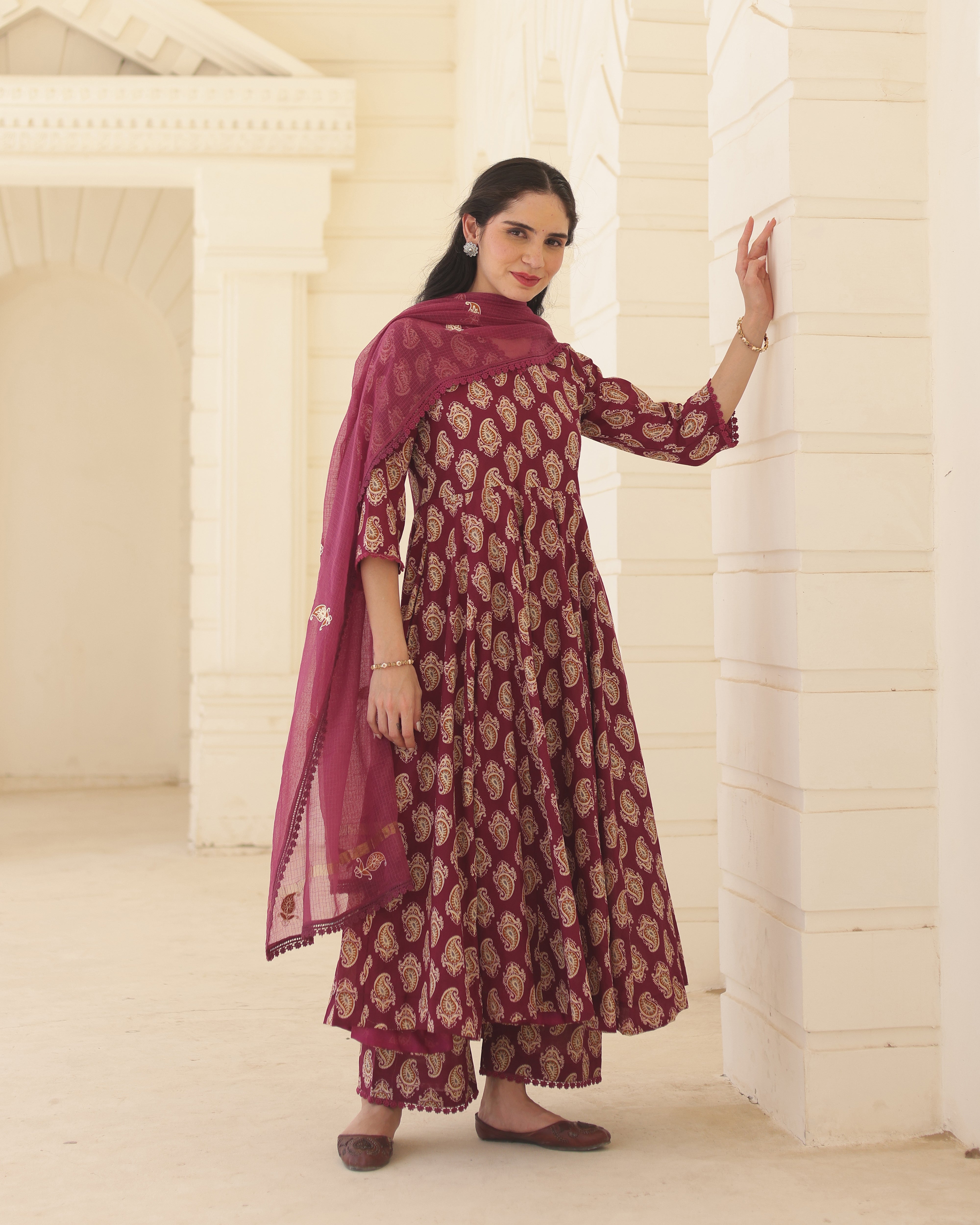 Royal Paisley Handblock Cotton Anarkali Suit Set with Kota Doria Dupatta