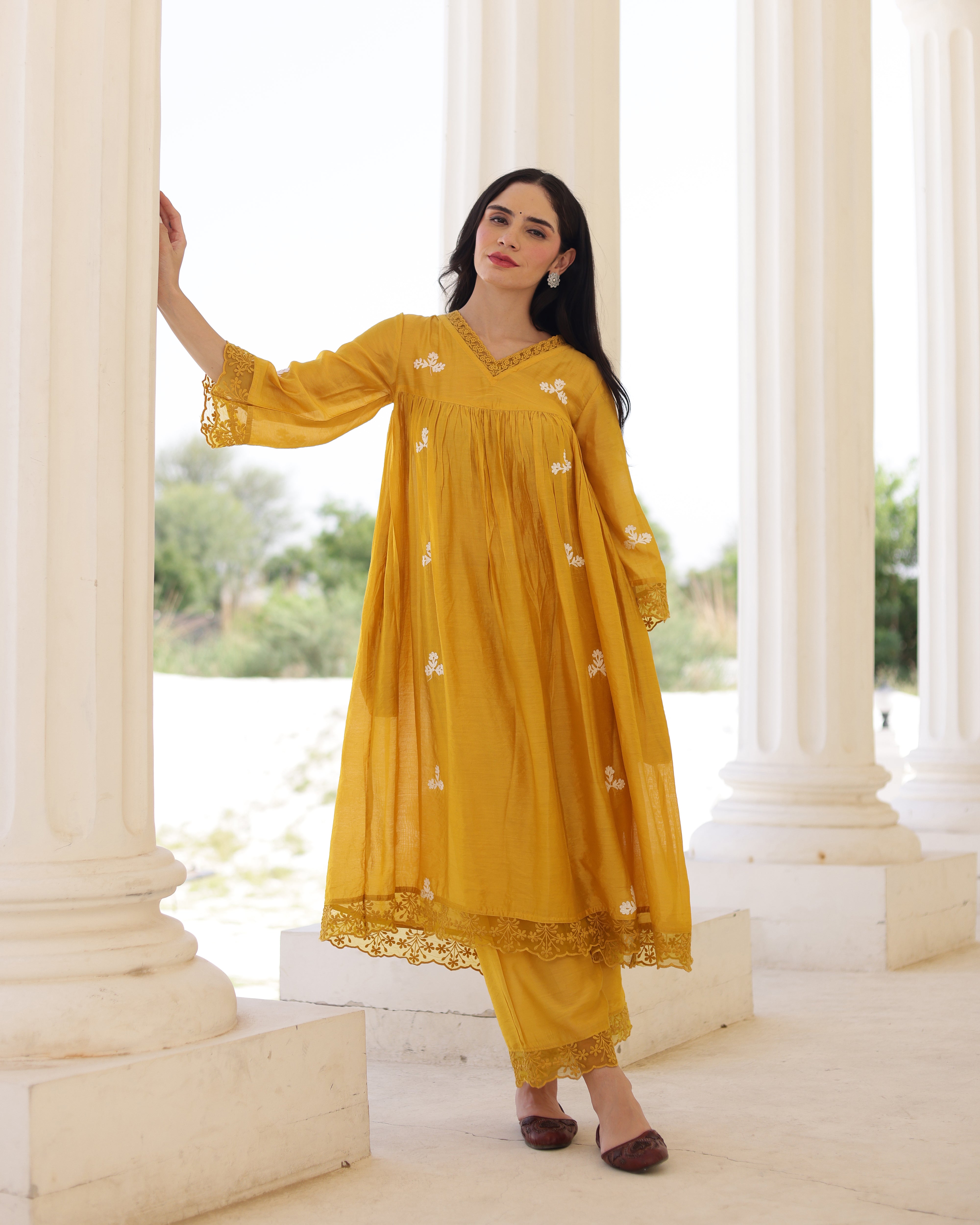 Solea Golden Chanderi Aari Embroidered Kurta Palazzo Set with Lace Dupatta