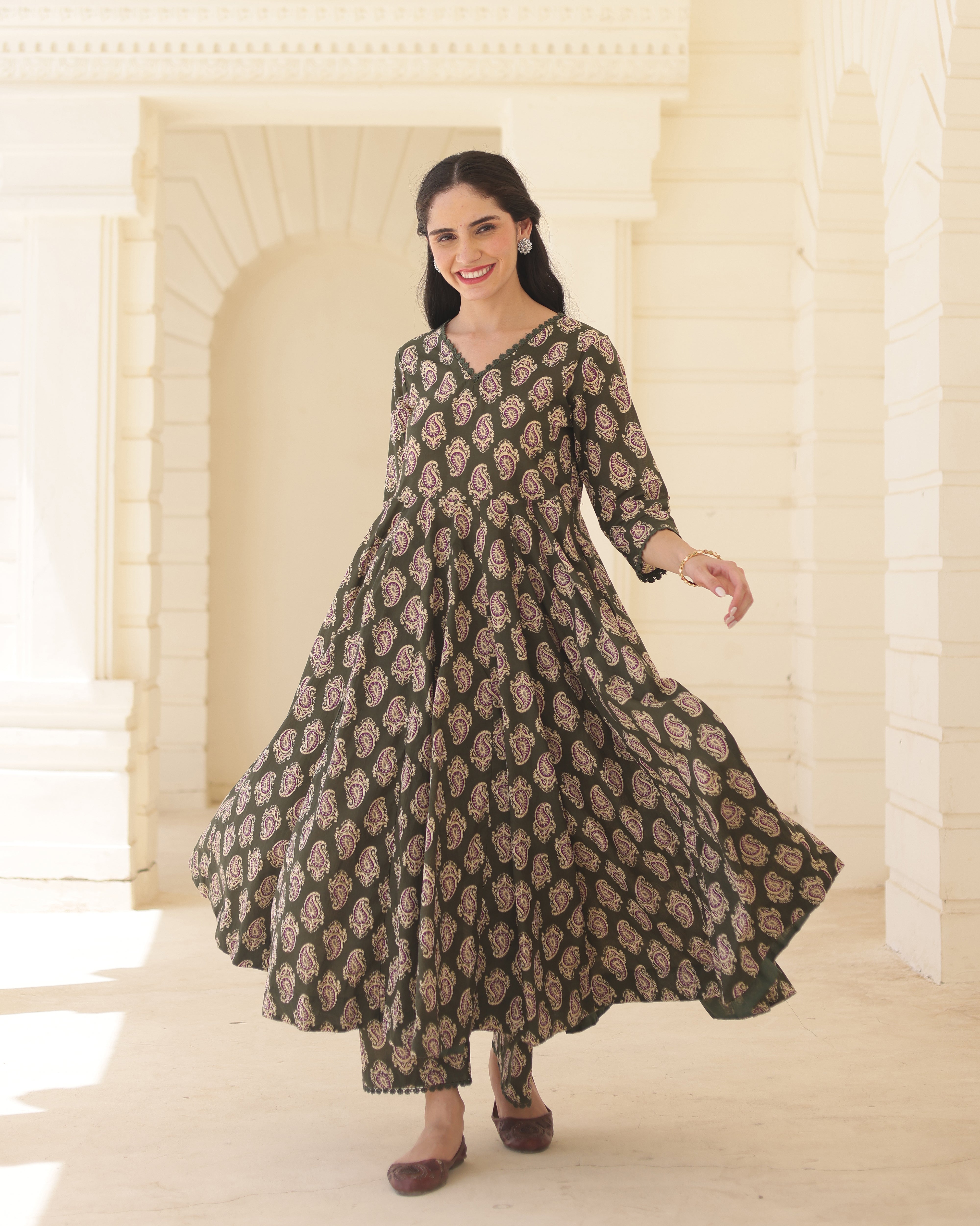 Handblock Olive paisley Green Cotton Anarkali Suit Set with Kota Doria Dupatta