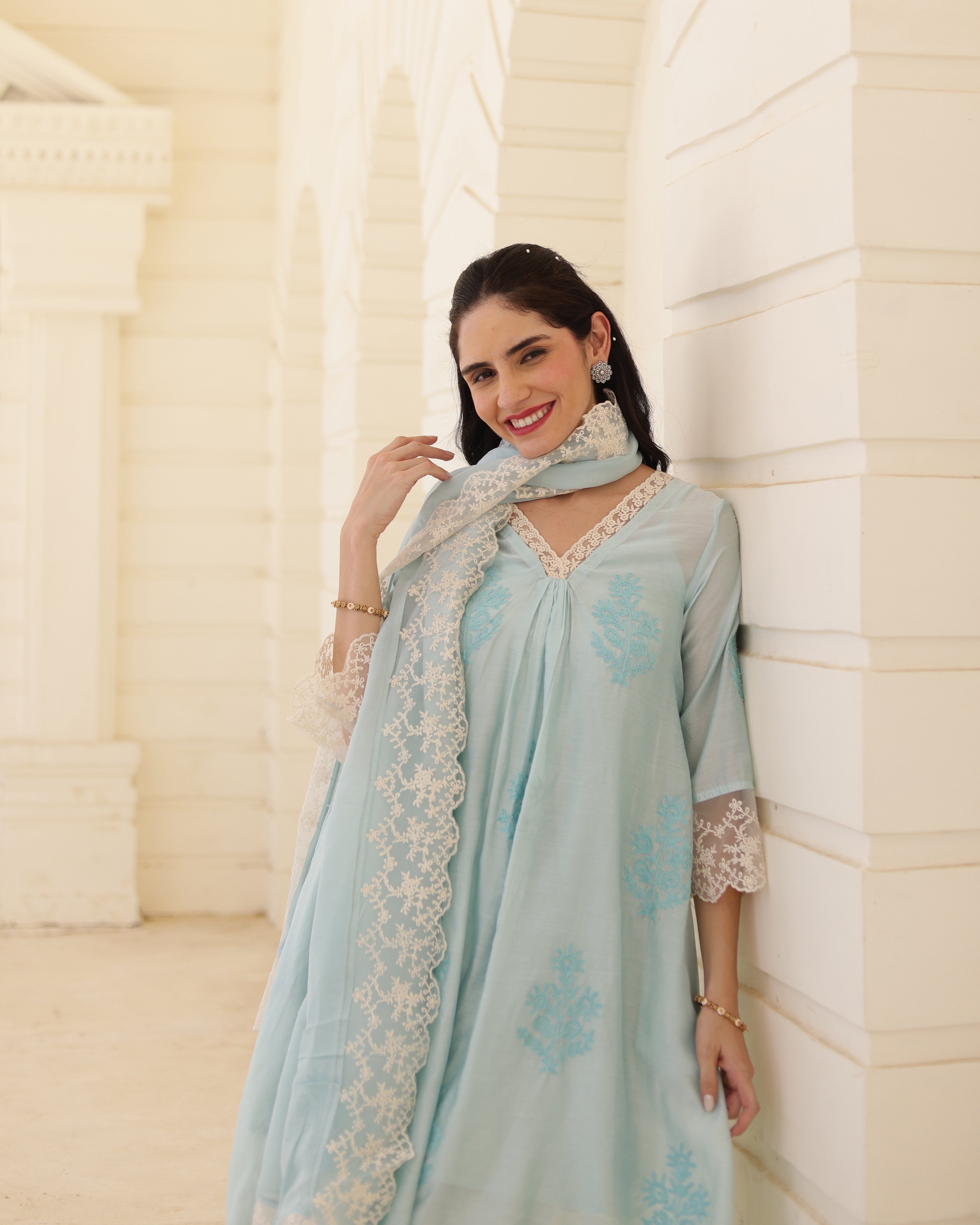 Liora Powder Blue Chanderi Aari Embroidered Suit Set with Lace Dupatta