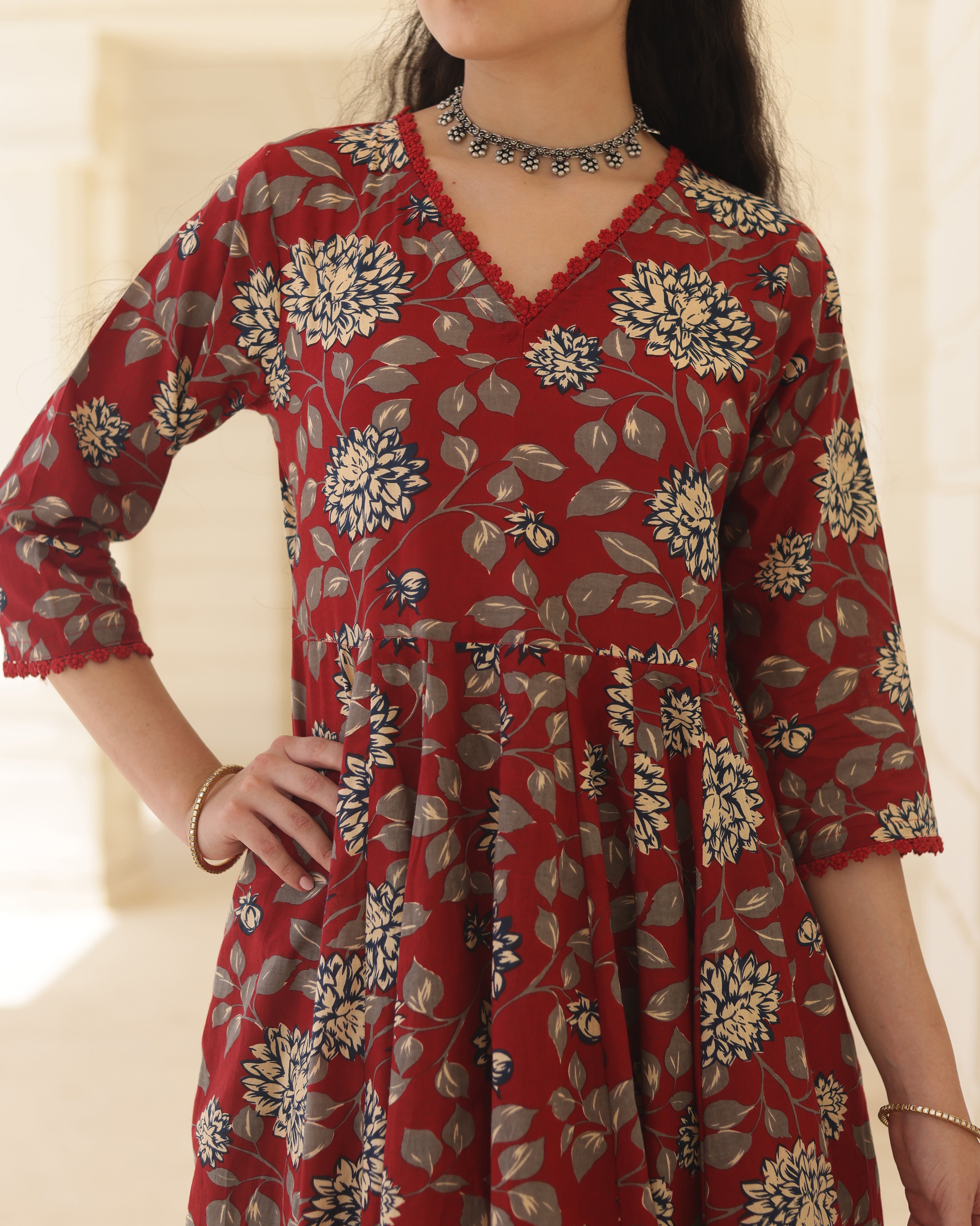 Handblock Crimson Cotton Anarkali Suit Set with Kota Doria Dupatta